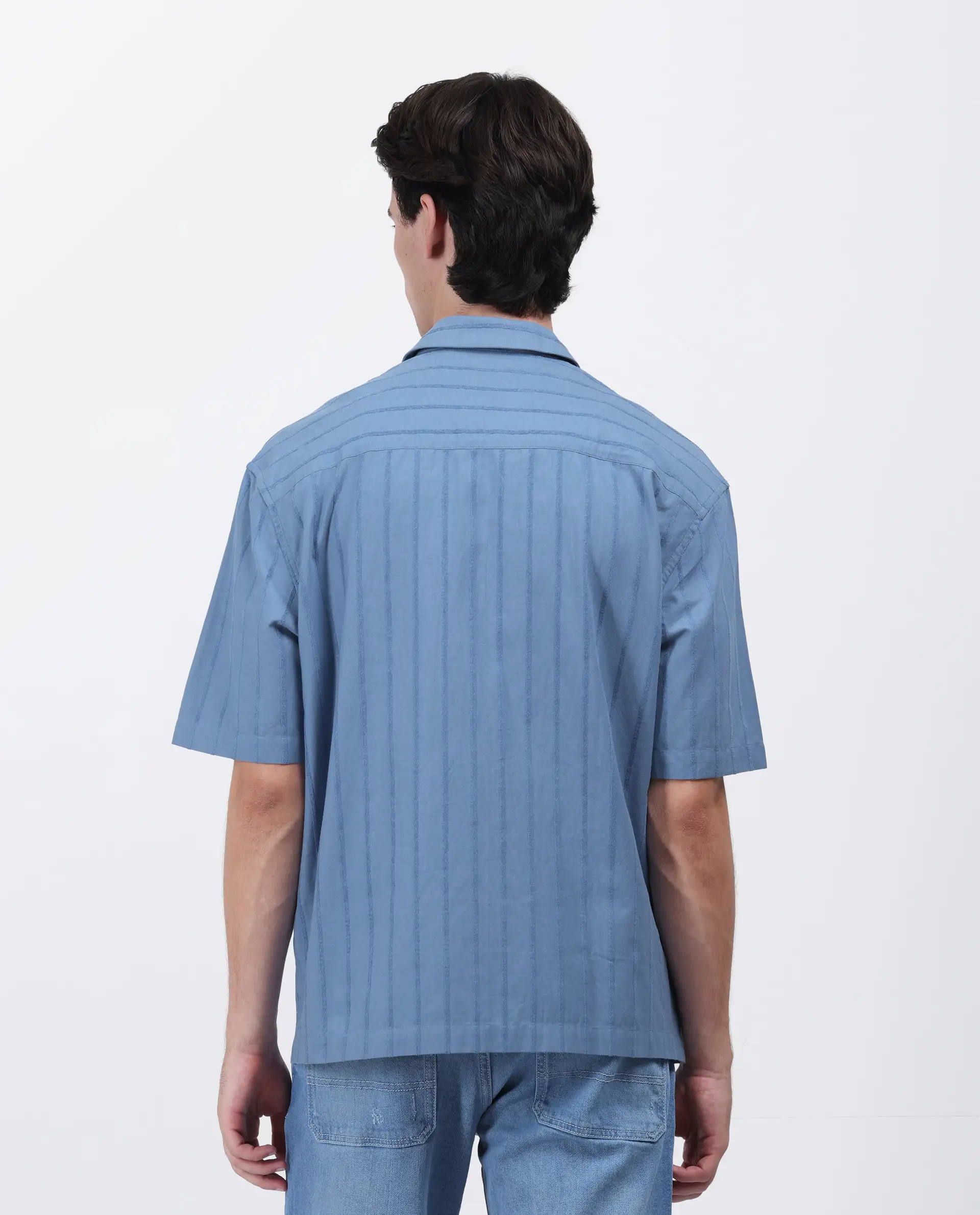 Rare Rabbit Men's Tenerz Dusky Blue Cotton Striped Print Boxy Fit Half Sleeve Collared Shirt - Image 2