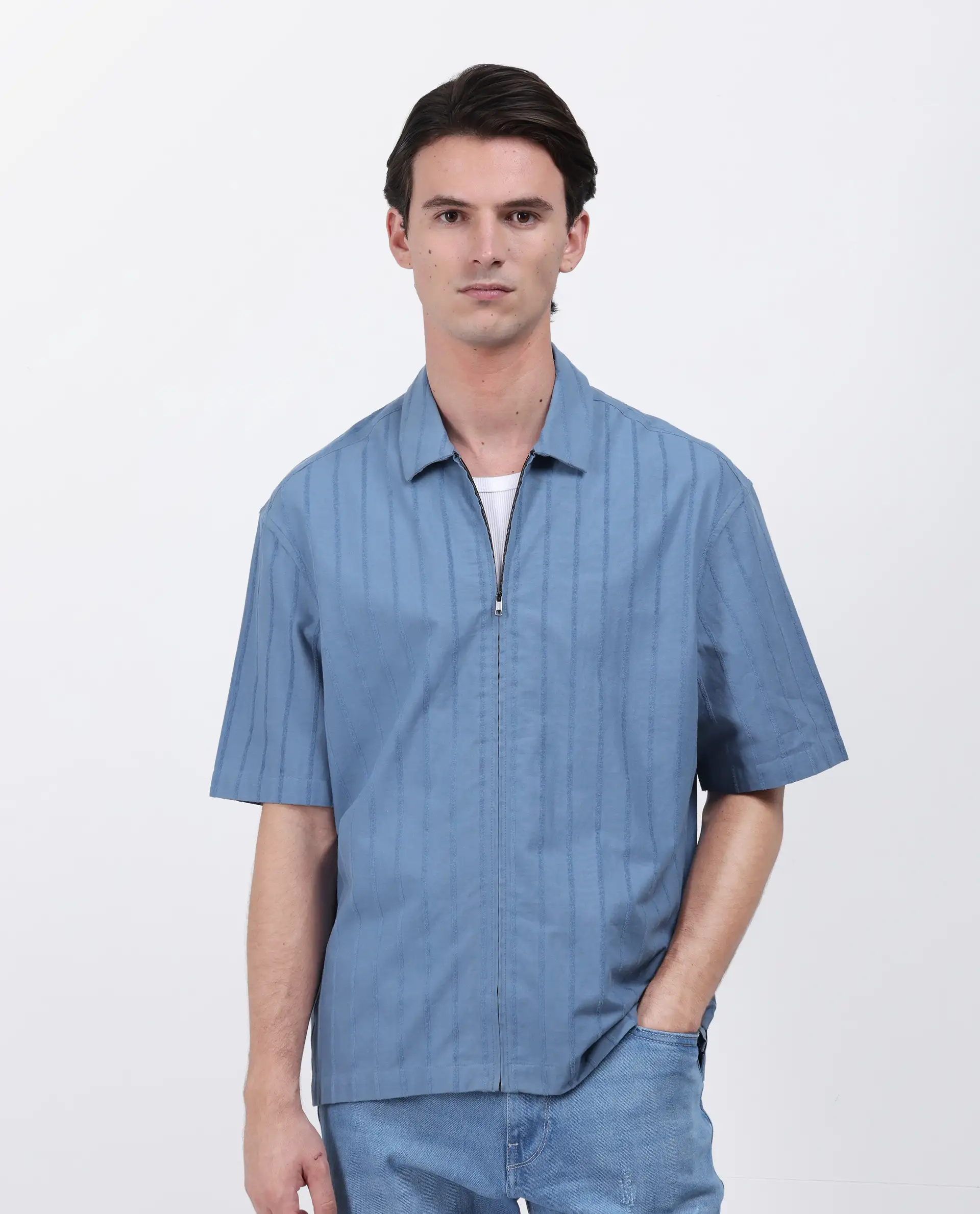 Rare Rabbit Men's Tenerz Dusky Blue Cotton Striped Print Boxy Fit Half Sleeve Collared Shirt - Image 3