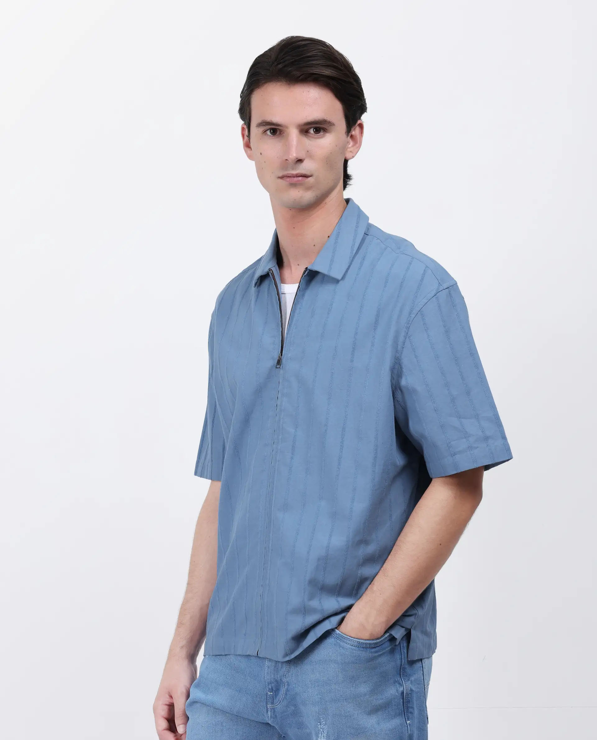 Rare Rabbit Men's Tenerz Dusky Blue Cotton Striped Print Boxy Fit Half Sleeve Collared Shirt - Image 4