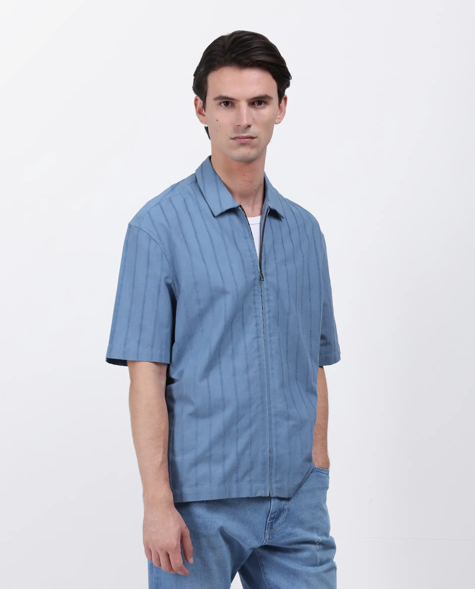 Rare Rabbit Men's Tenerz Dusky Blue Cotton Striped Print Boxy Fit Half Sleeve Collared Shirt - Image 5