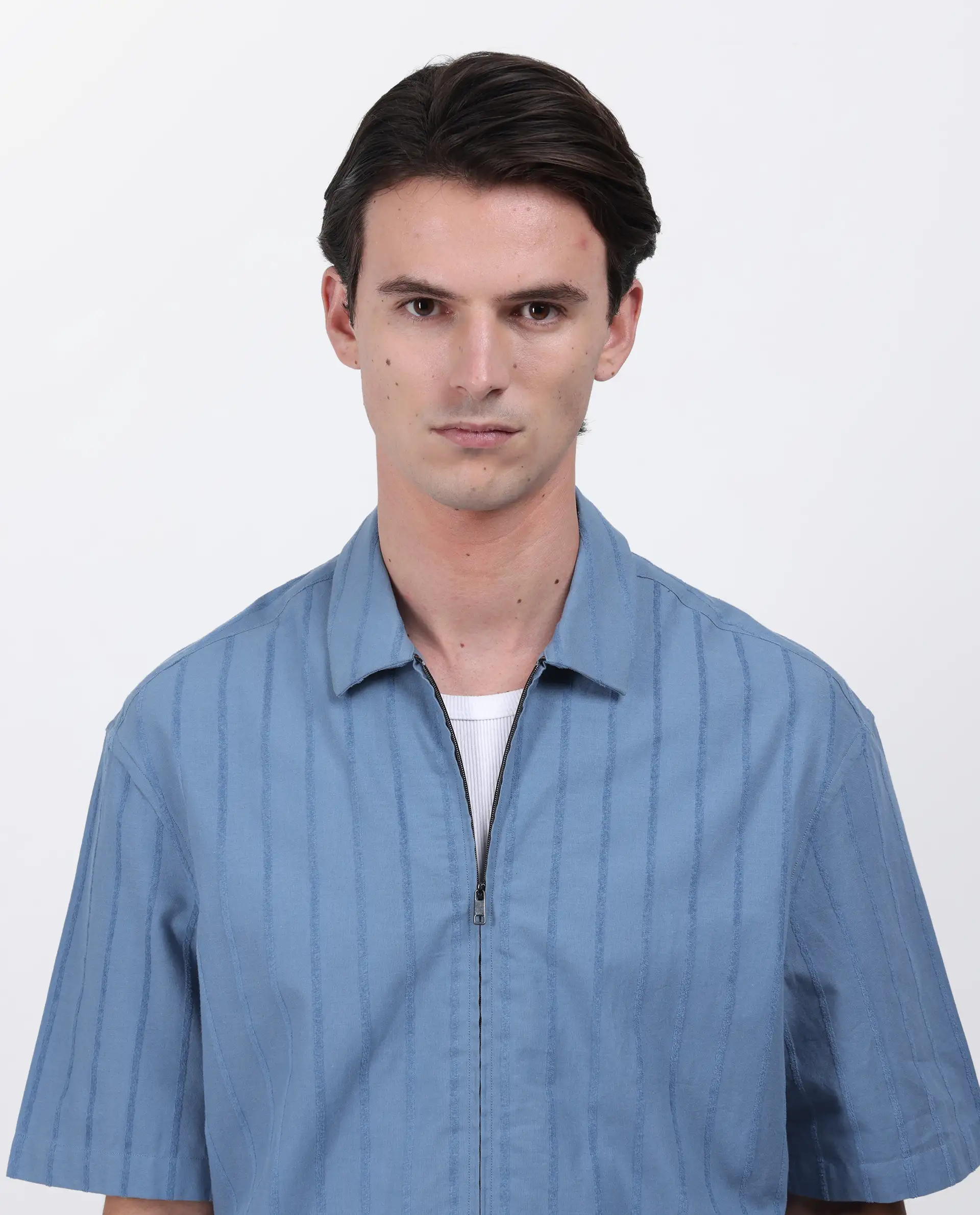 Rare Rabbit Men's Tenerz Dusky Blue Cotton Striped Print Boxy Fit Half Sleeve Collared Shirt - Image 6