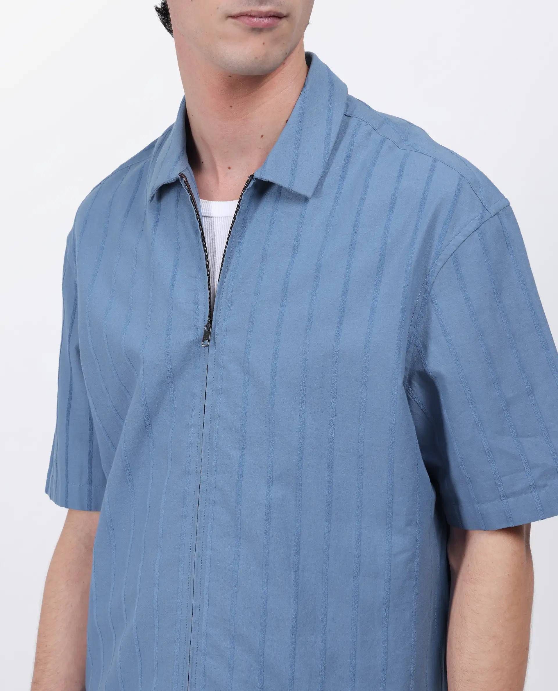 Rare Rabbit Men's Tenerz Dusky Blue Cotton Striped Print Boxy Fit Half Sleeve Collared Shirt - Image 7