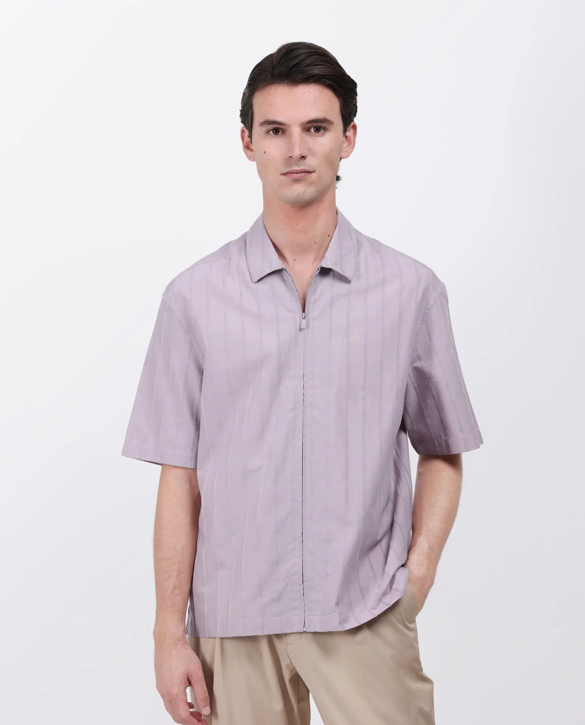 Rare Rabbit Men's Tenerz Dusky Purple Cotton Striped Print Boxy Fit Half Sleeve Collared Shirt - Image 4