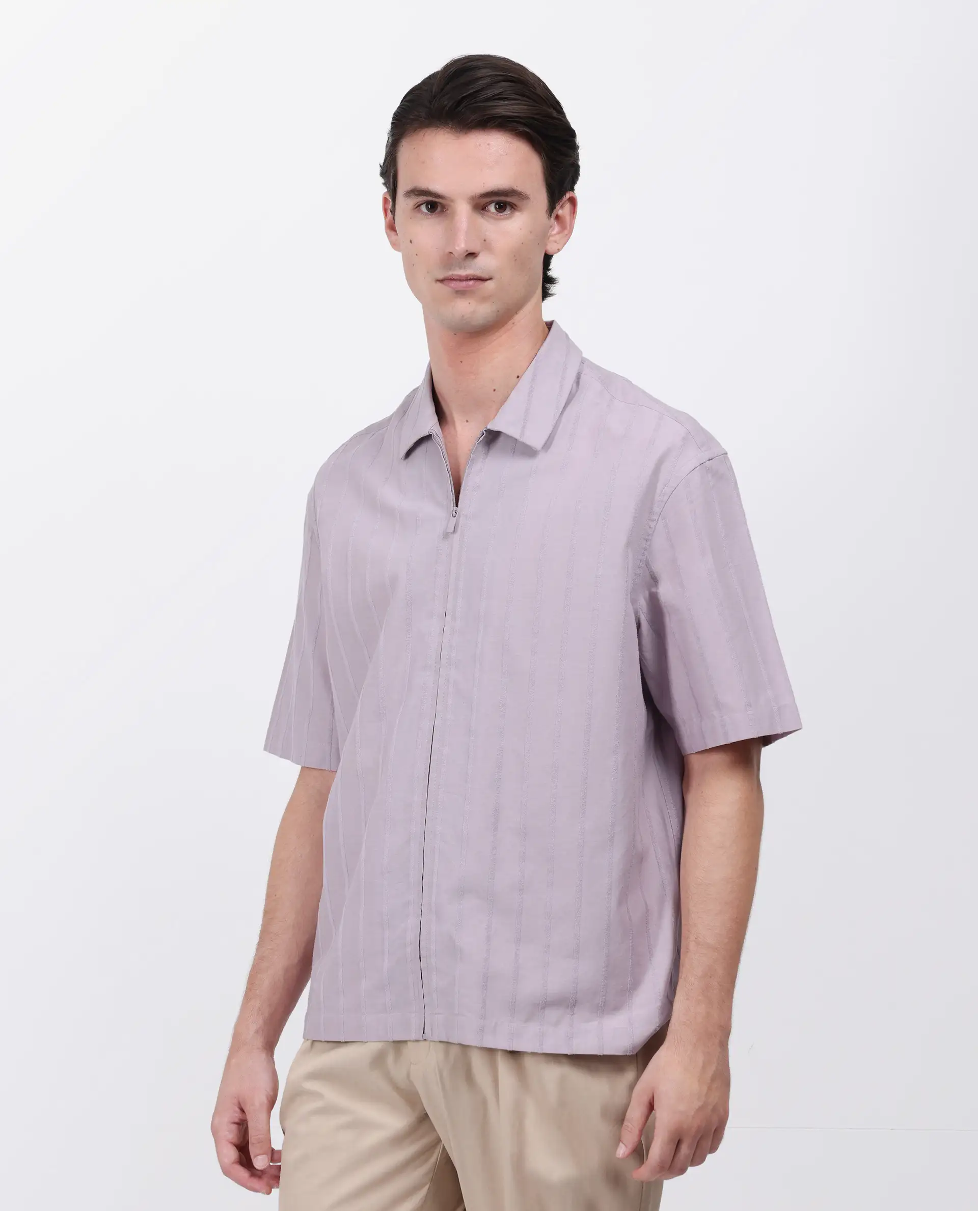 Rare Rabbit Men's Tenerz Dusky Purple Cotton Striped Print Boxy Fit Half Sleeve Collared Shirt - Image 5