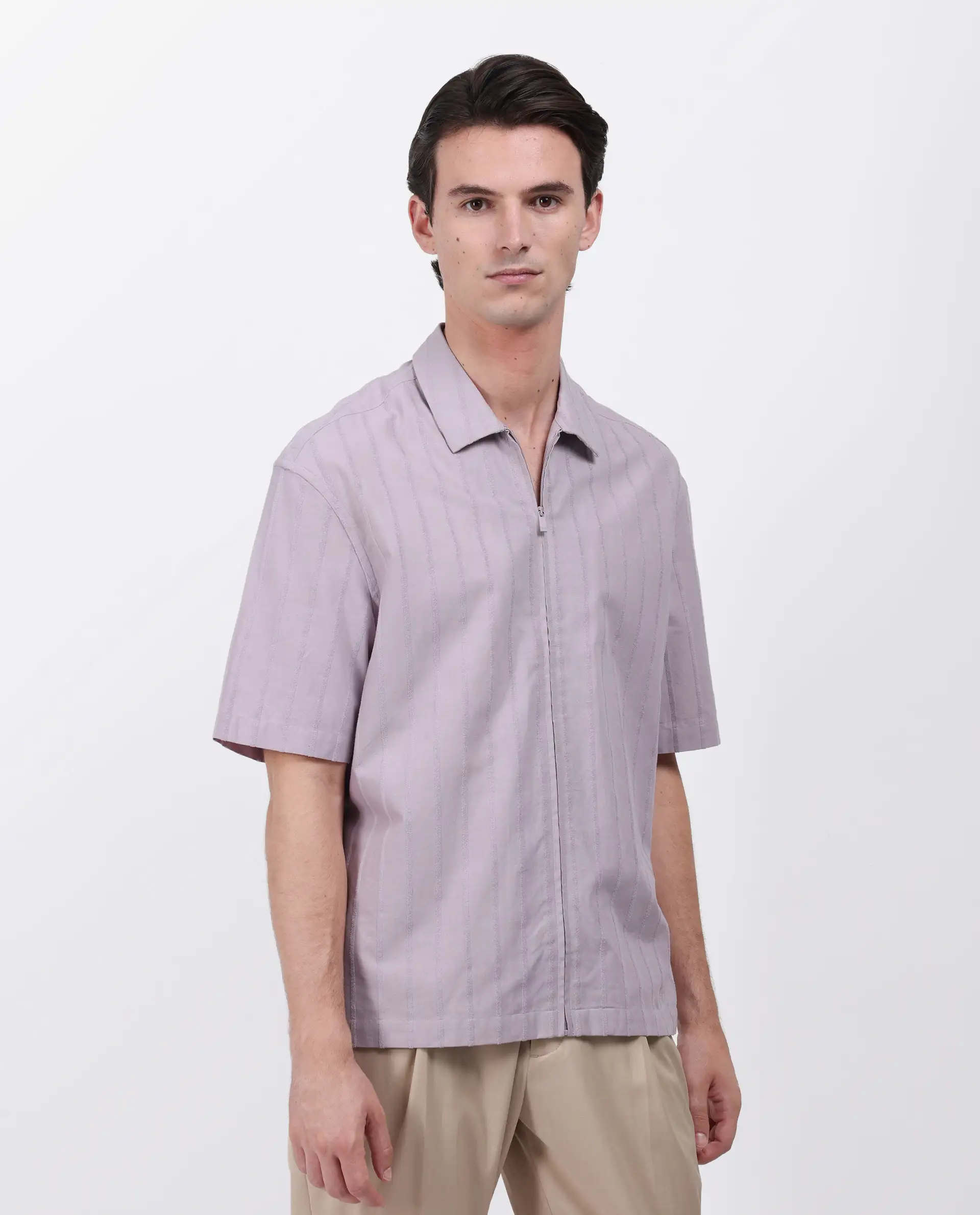 Rare Rabbit Men's Tenerz Dusky Purple Cotton Striped Print Boxy Fit Half Sleeve Collared Shirt - Image 6