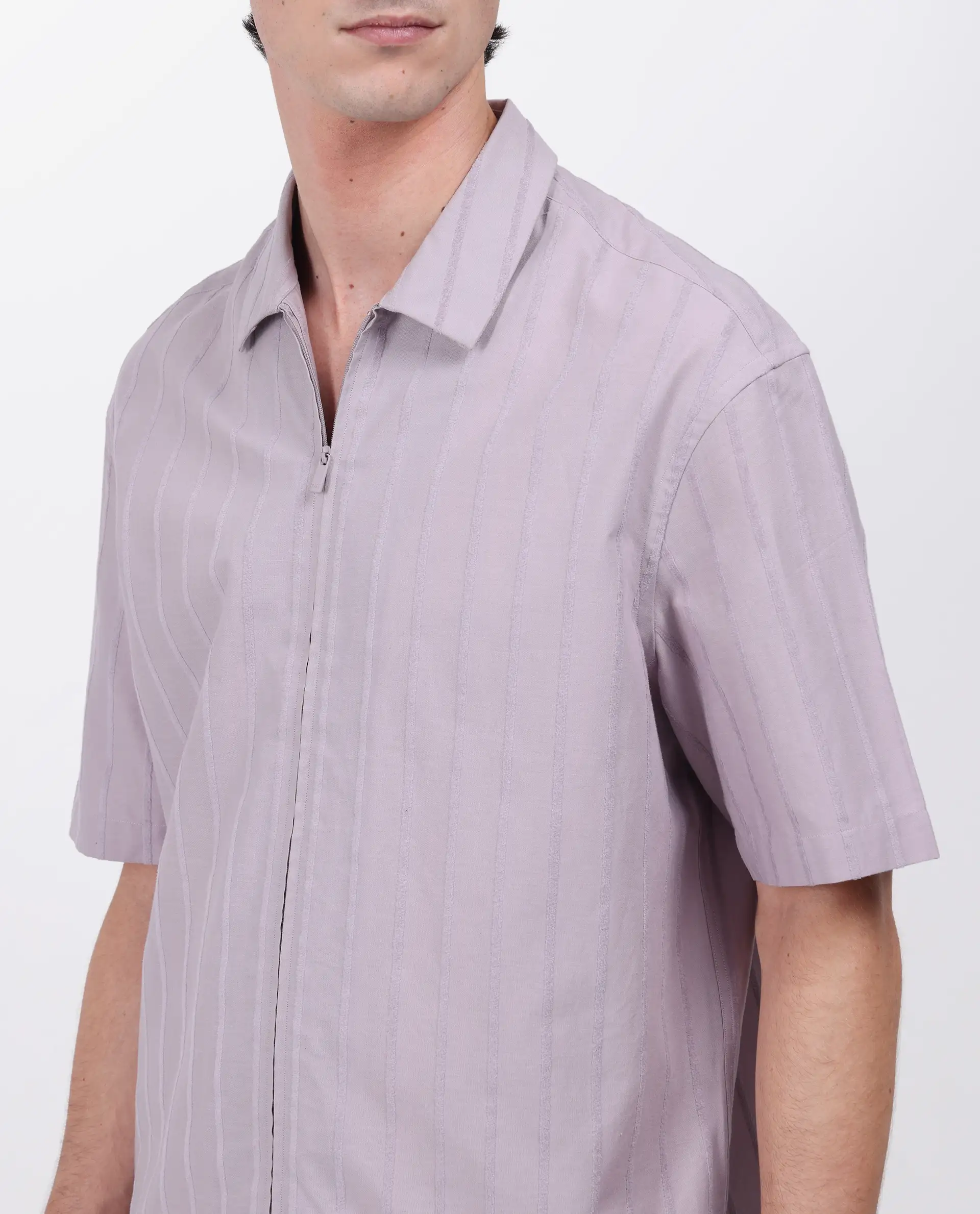 Rare Rabbit Men's Tenerz Dusky Purple Cotton Striped Print Boxy Fit Half Sleeve Collared Shirt - Image 7