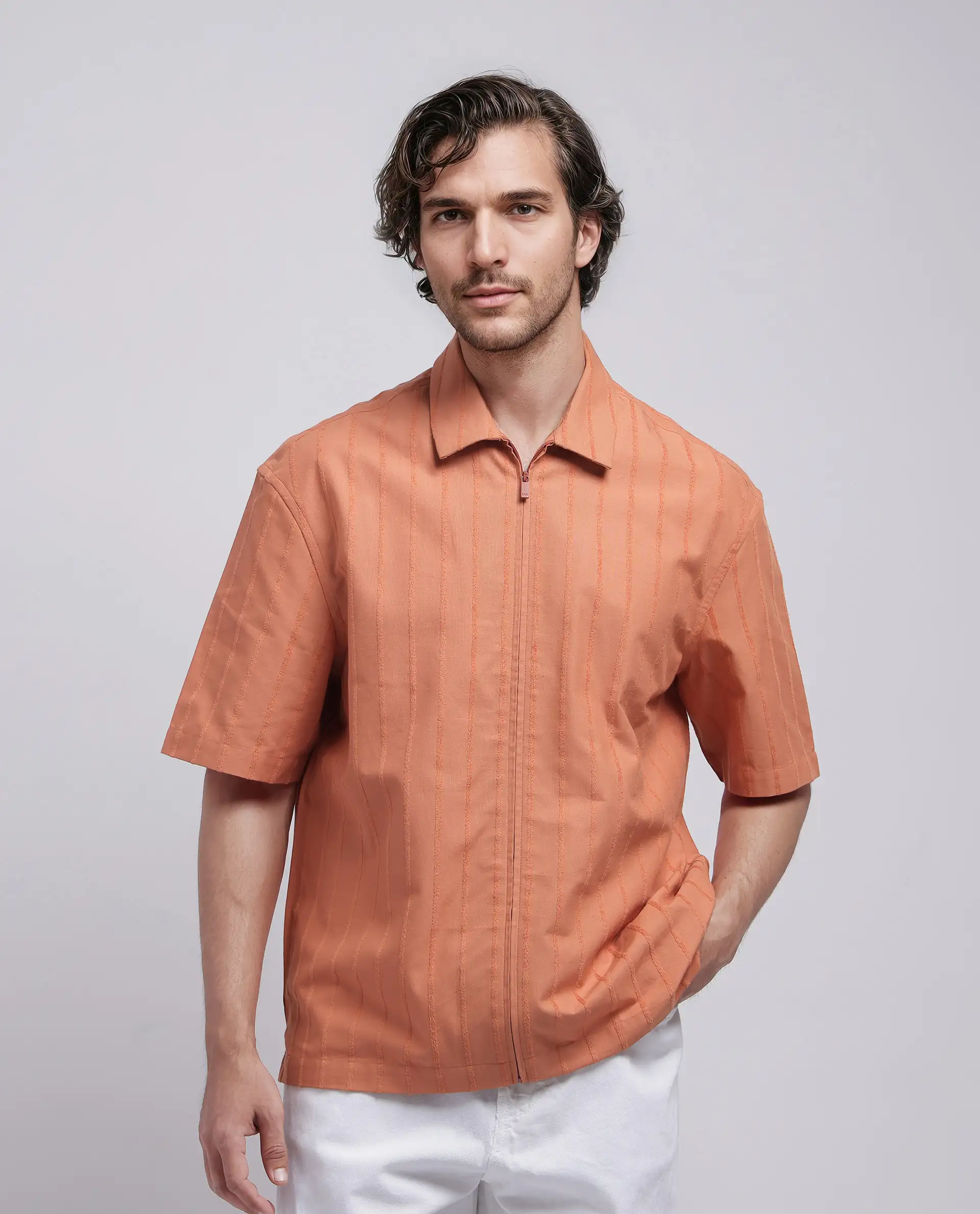 Rare Rabbit Men's Tenerz Rust Cotton Striped Print Boxy Fit Half Sleeve Collared Shirt - Image 2