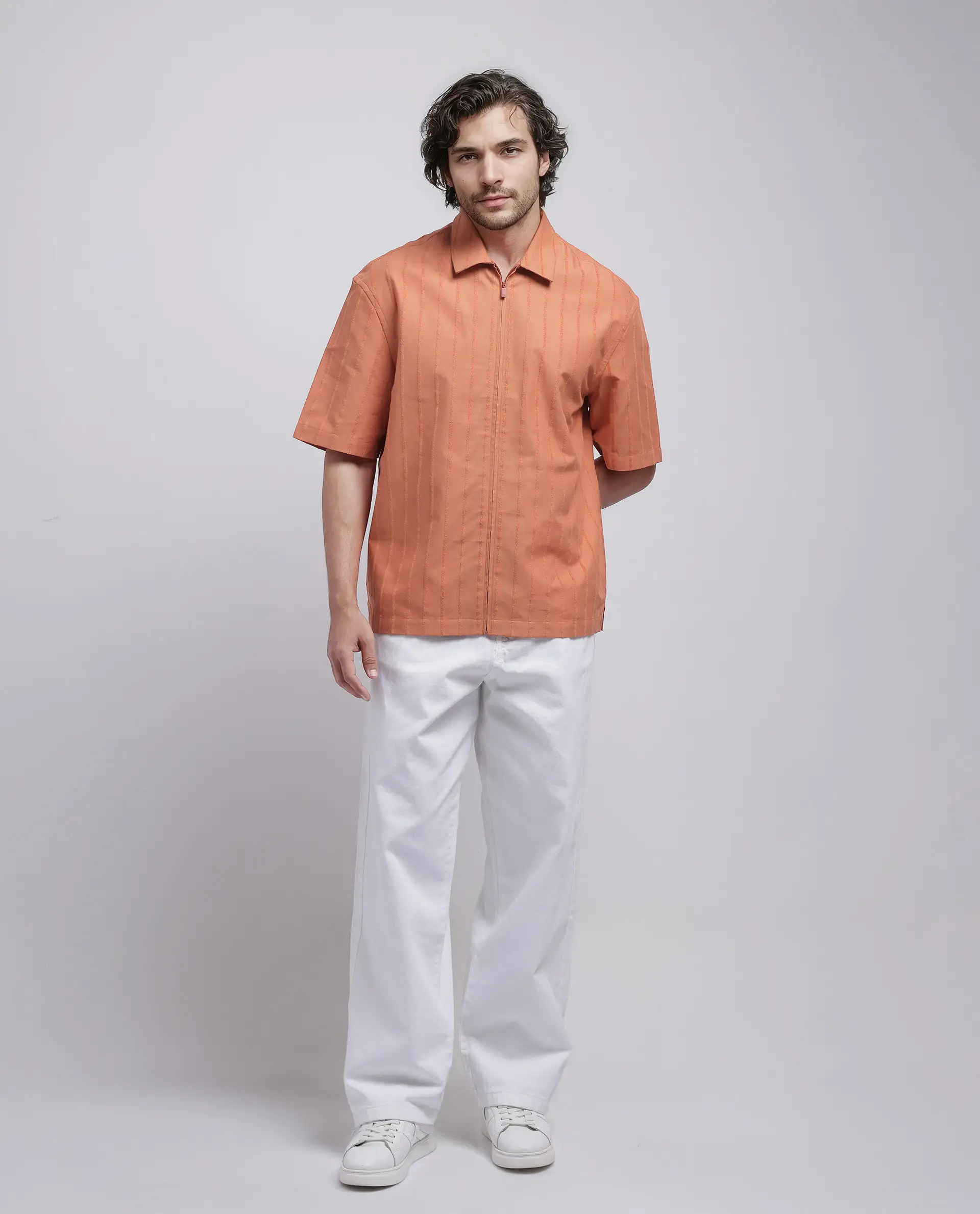 Rare Rabbit Men's Tenerz Rust Cotton Striped Print Boxy Fit Half Sleeve Collared Shirt - Image 3