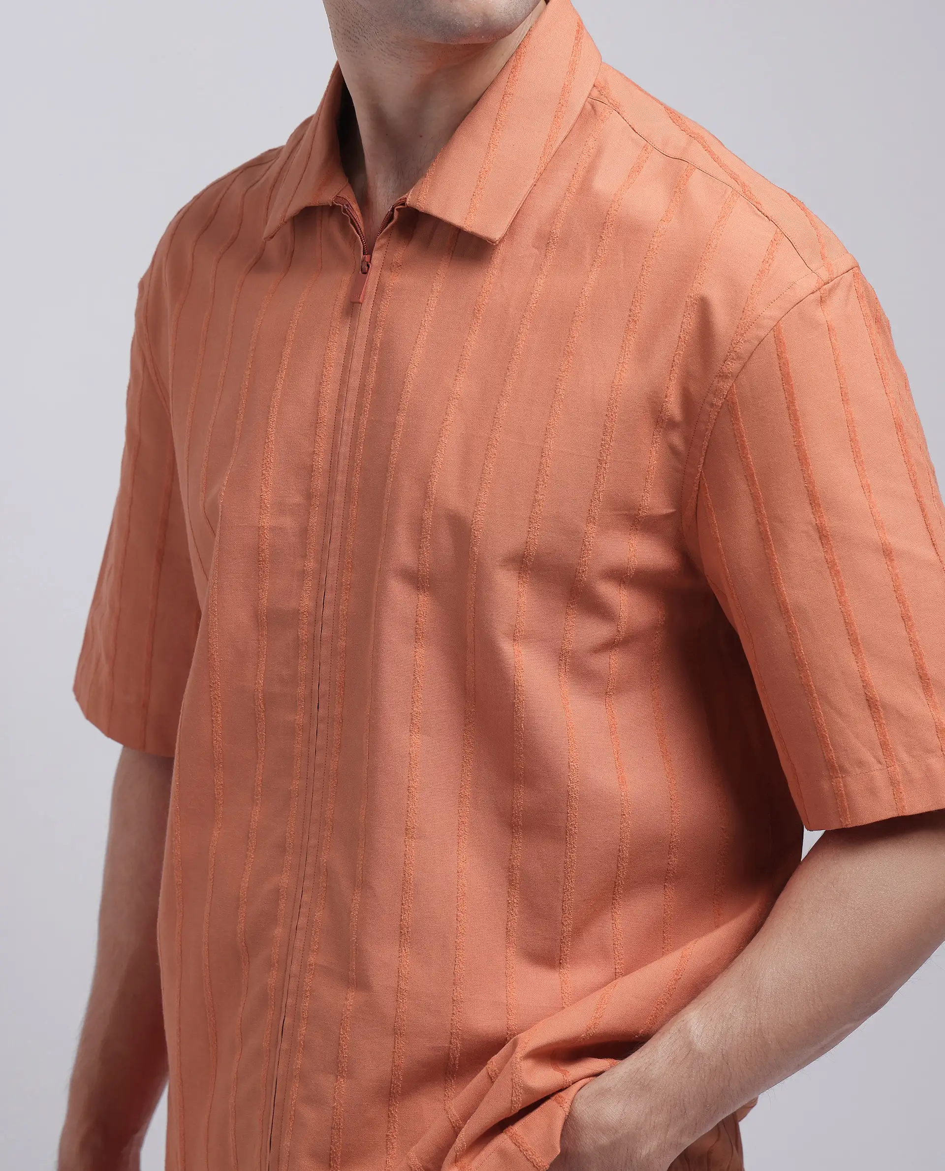 Rare Rabbit Men's Tenerz Rust Cotton Striped Print Boxy Fit Half Sleeve Collared Shirt - Image 4