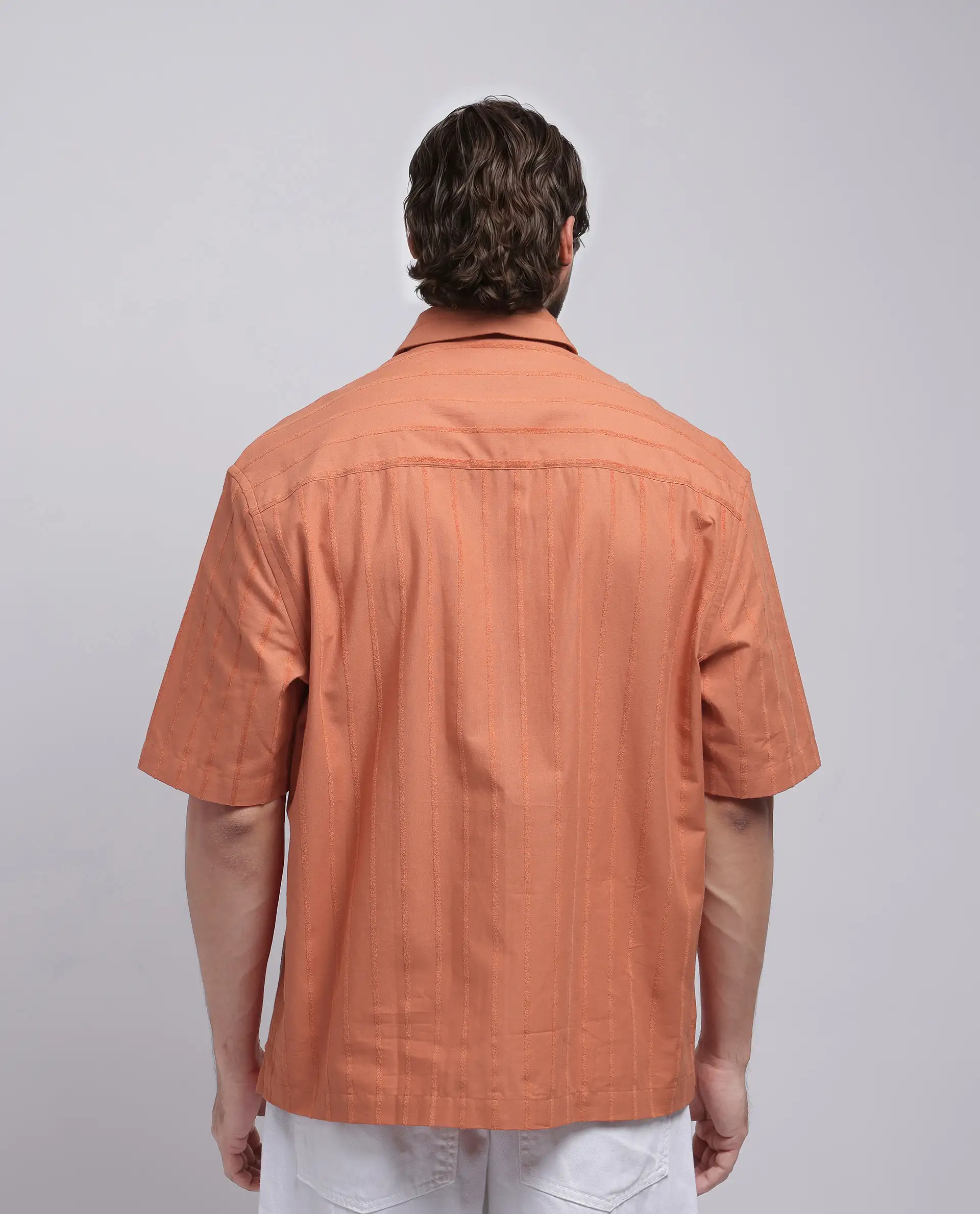 Rare Rabbit Men's Tenerz Rust Cotton Striped Print Boxy Fit Half Sleeve Collared Shirt - Image 5