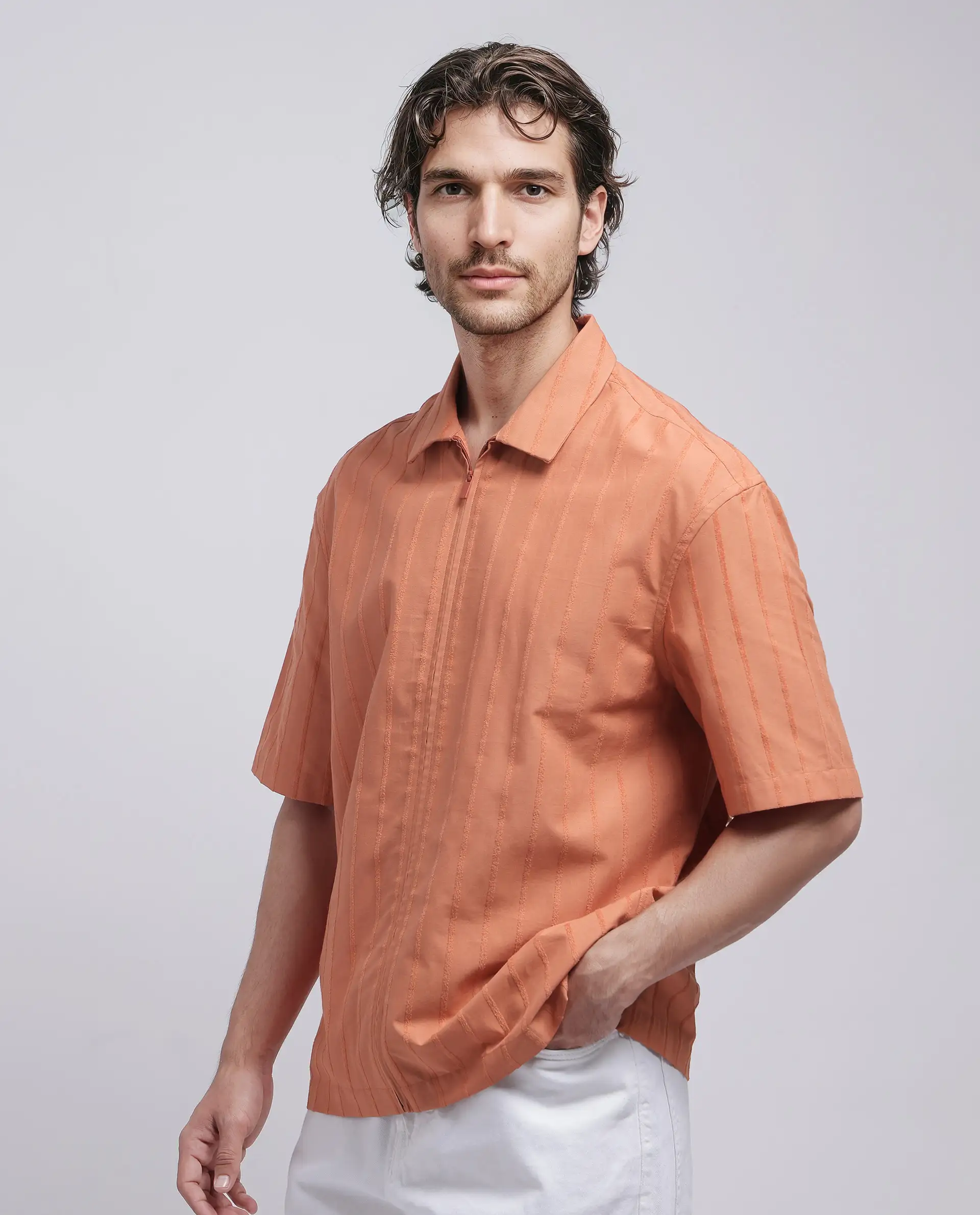 Rare Rabbit Men's Tenerz Rust Cotton Striped Print Boxy Fit Half Sleeve Collared Shirt - Image 6