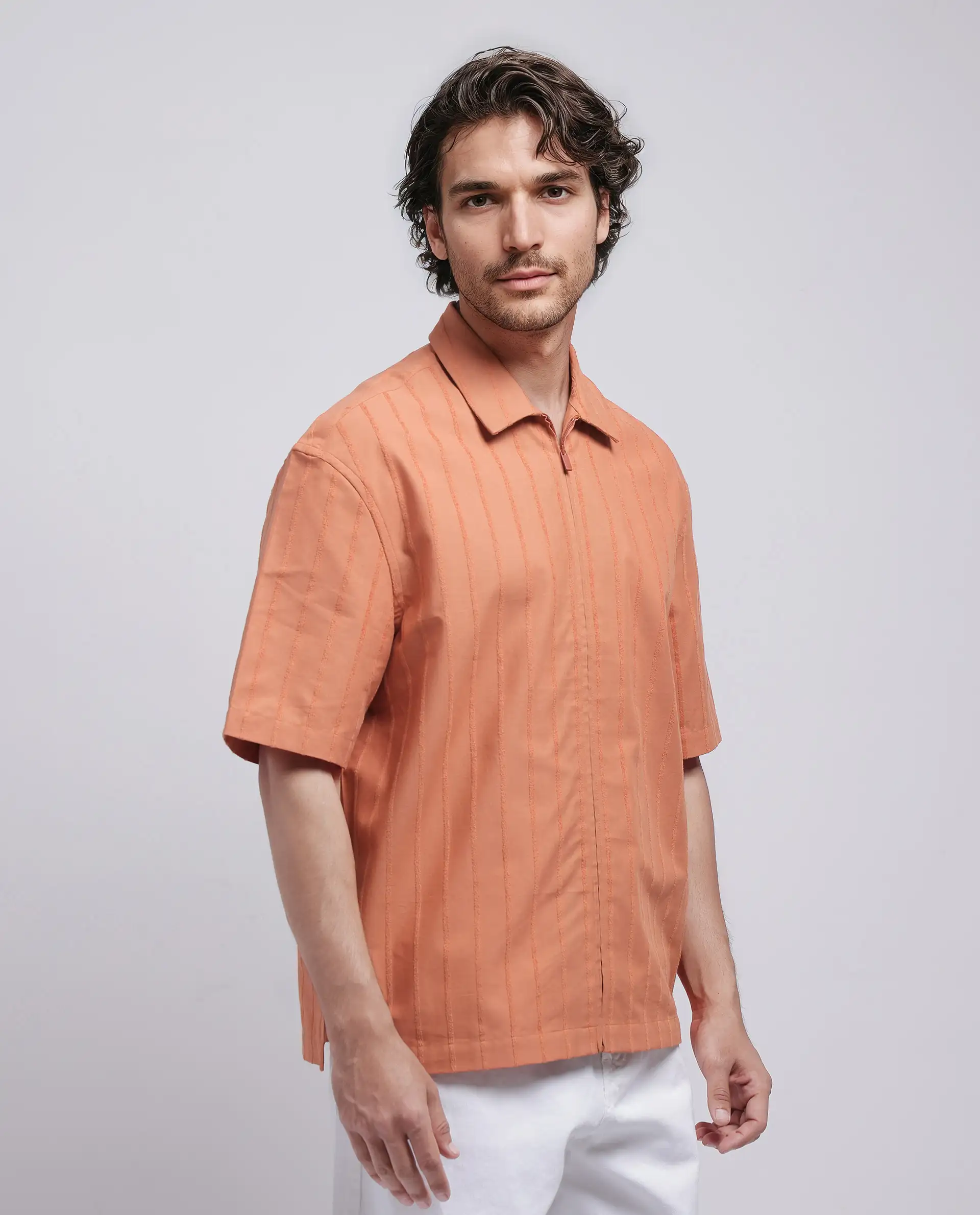 Rare Rabbit Men's Tenerz Rust Cotton Striped Print Boxy Fit Half Sleeve Collared Shirt - Image 7