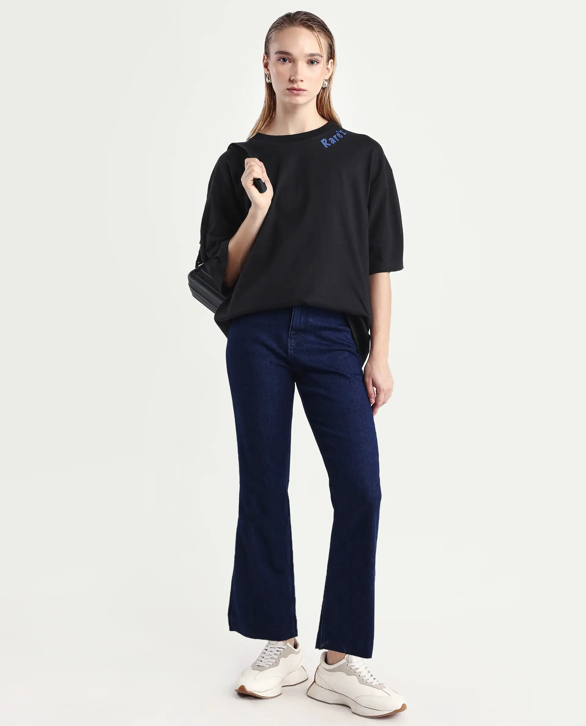Rareism Women's Tenk Black Cotton Graphic Print Oversized T-Shirt - Image 2