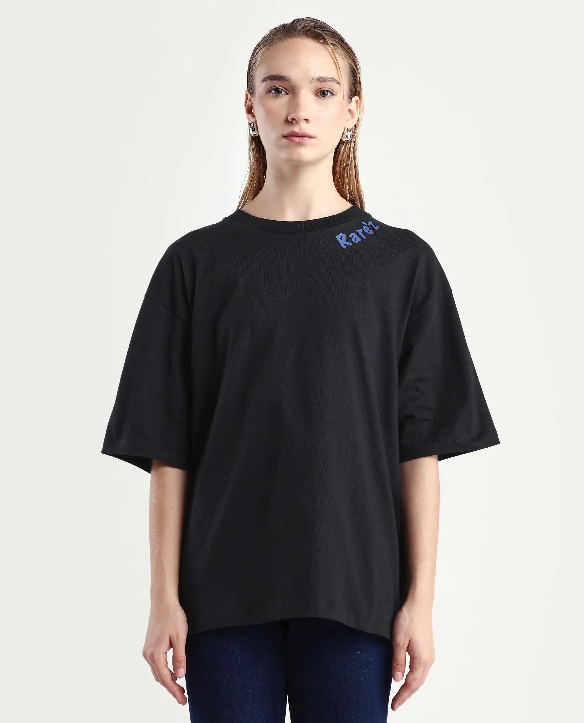 Rareism Women's Tenk Black Cotton Graphic Print Oversized T-Shirt - Image 3