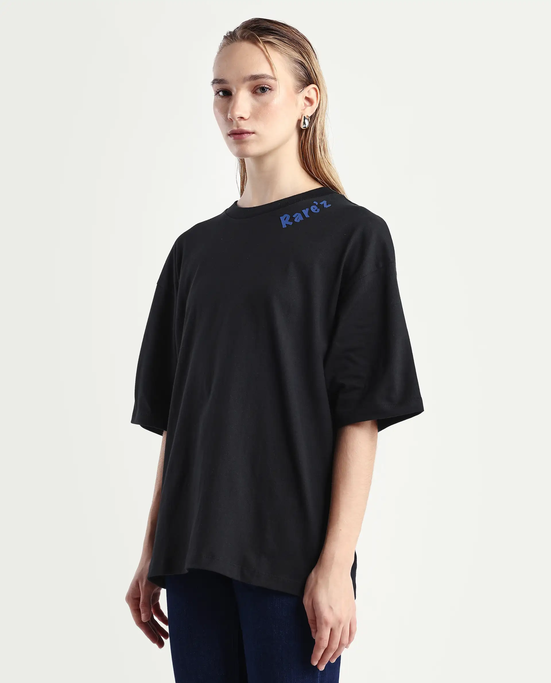 Rareism Women's Tenk Black Cotton Graphic Print Oversized T-Shirt - Image 5