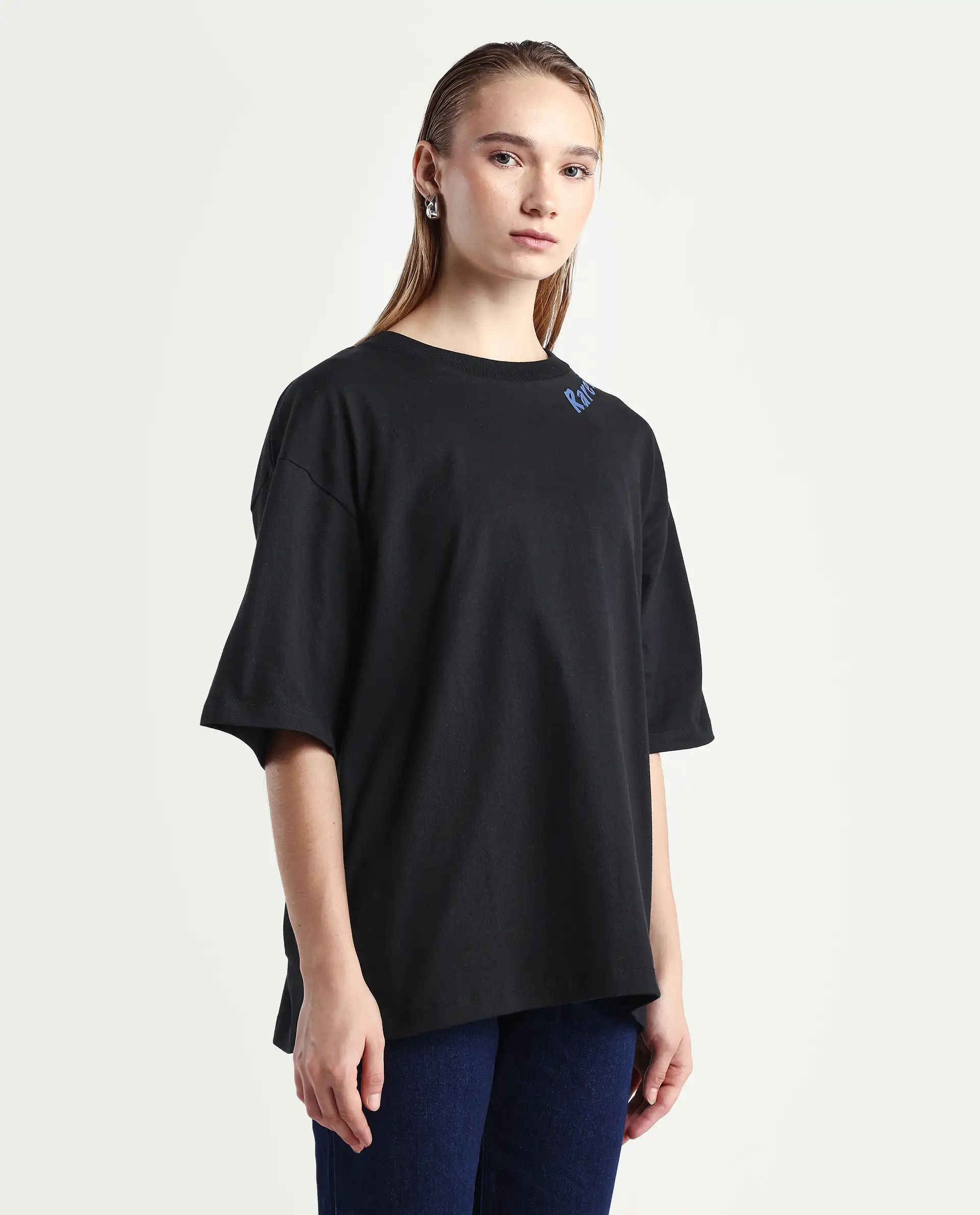 Rareism Women's Tenk Black Cotton Graphic Print Oversized T-Shirt - Image 6