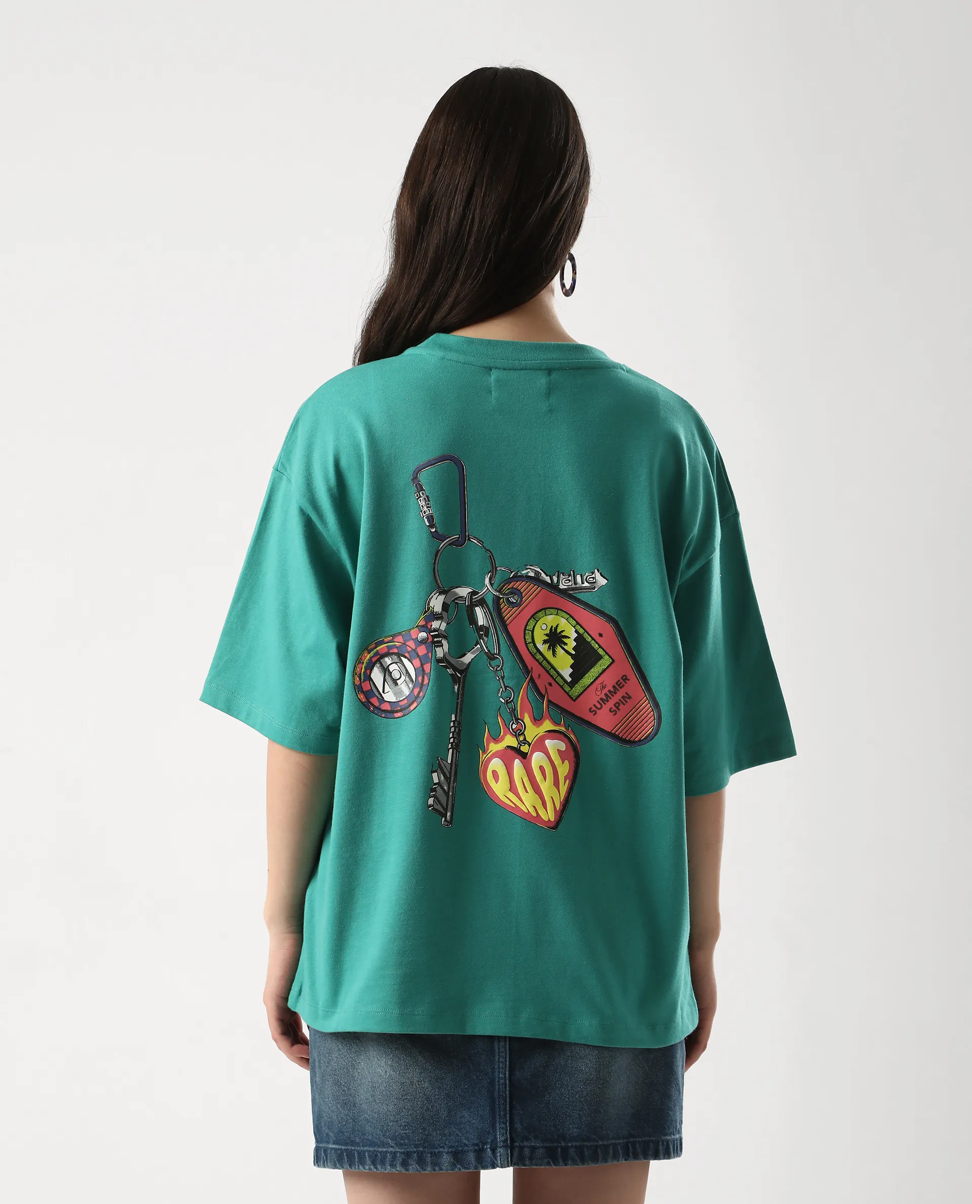 Rareism Women's Tenk Green Cotton Graphic Print Oversized T-Shirt - Image 2