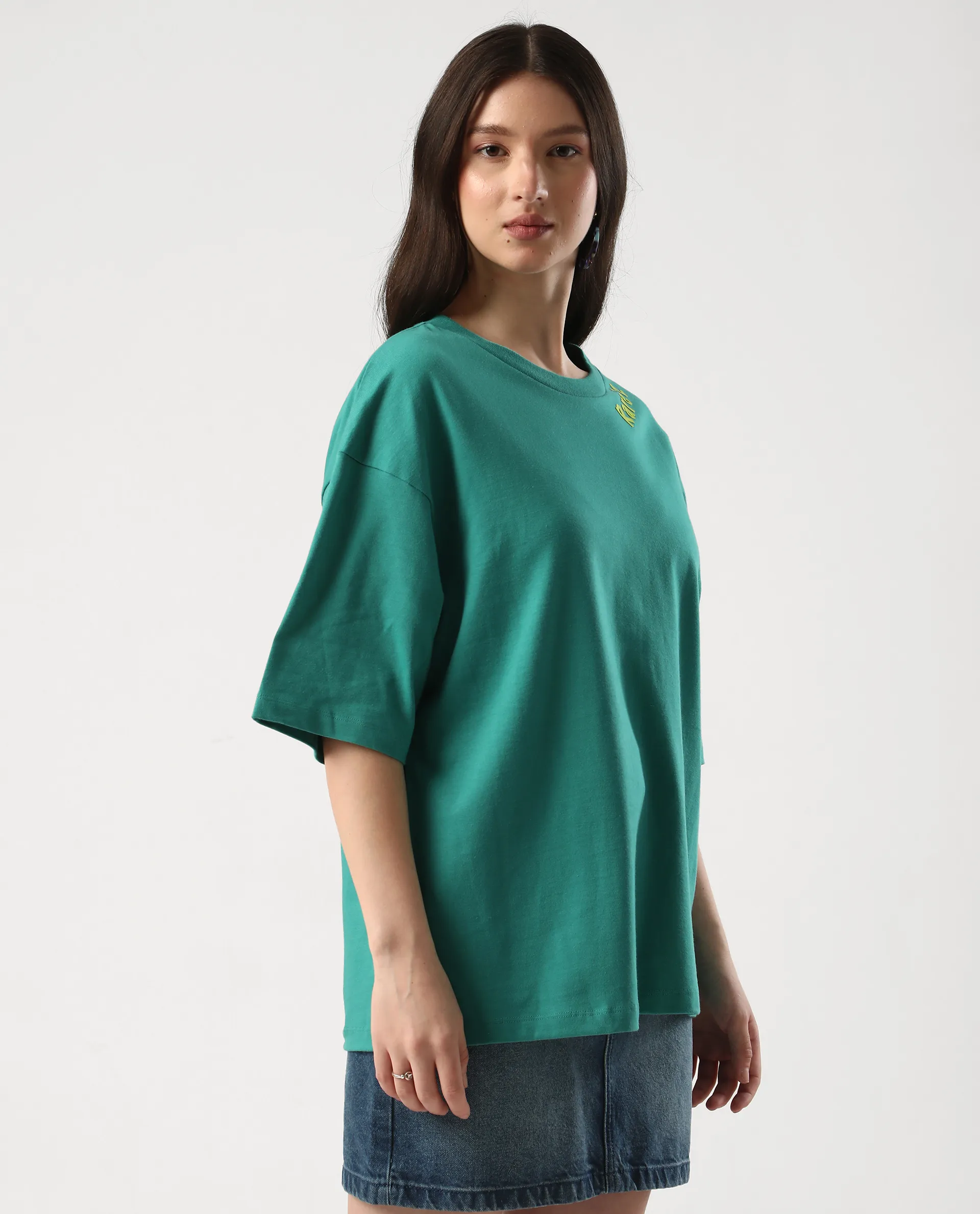 Rareism Women's Tenk Green Cotton Graphic Print Oversized T-Shirt - Image 7