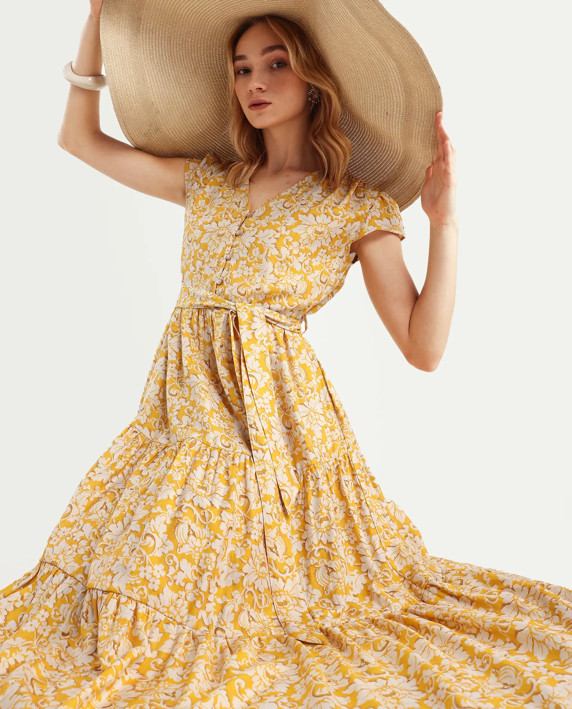 Rareism Women's Tenna Yellow Viscose Blend V-Neck Floral Print Cap Sleeve Midi Fit And Flare Dress - Image 2