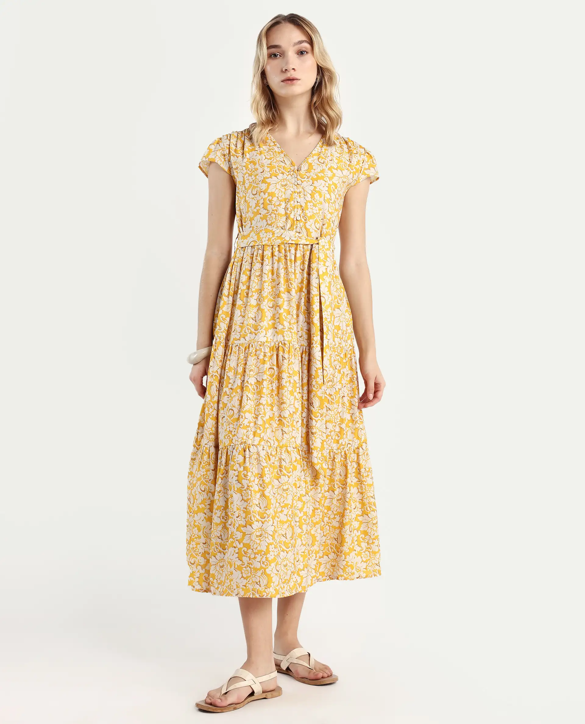 Rareism Women's Tenna Yellow Viscose Blend V-Neck Floral Print Cap Sleeve Midi Fit And Flare Dress - Image 3