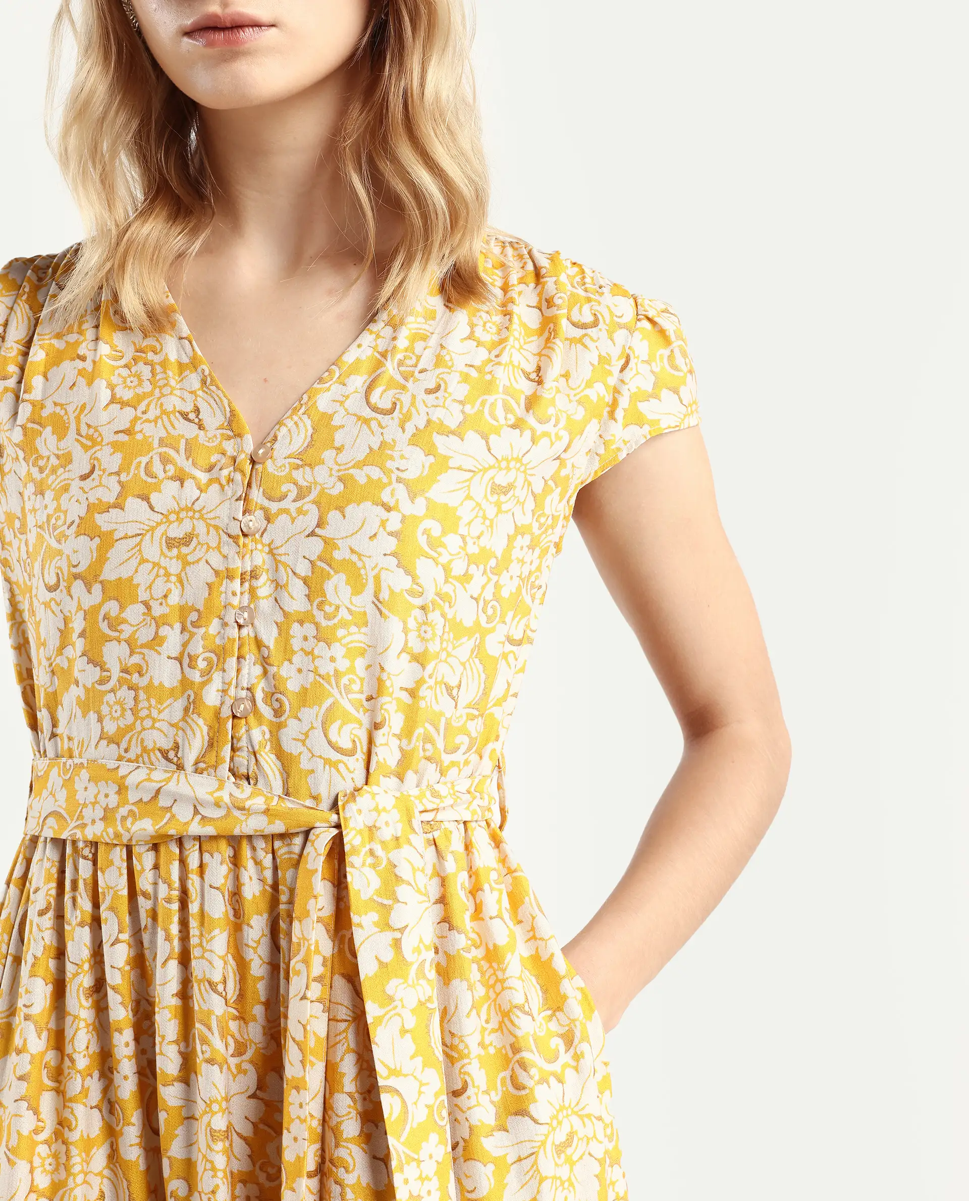 Rareism Women's Tenna Yellow Viscose Blend V-Neck Floral Print Cap Sleeve Midi Fit And Flare Dress - Image 4