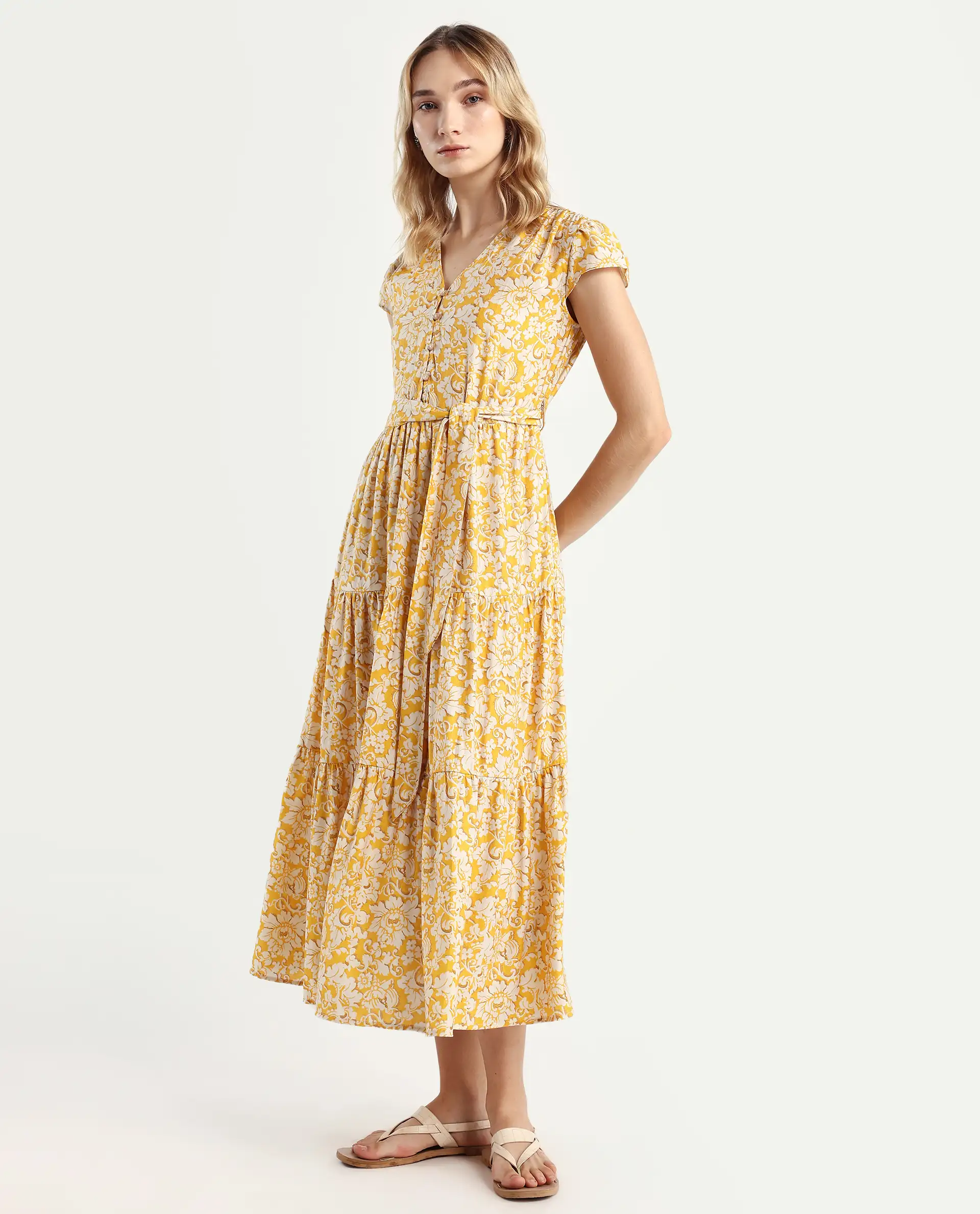 Rareism Women's Tenna Yellow Viscose Blend V-Neck Floral Print Cap Sleeve Midi Fit And Flare Dress - Image 5