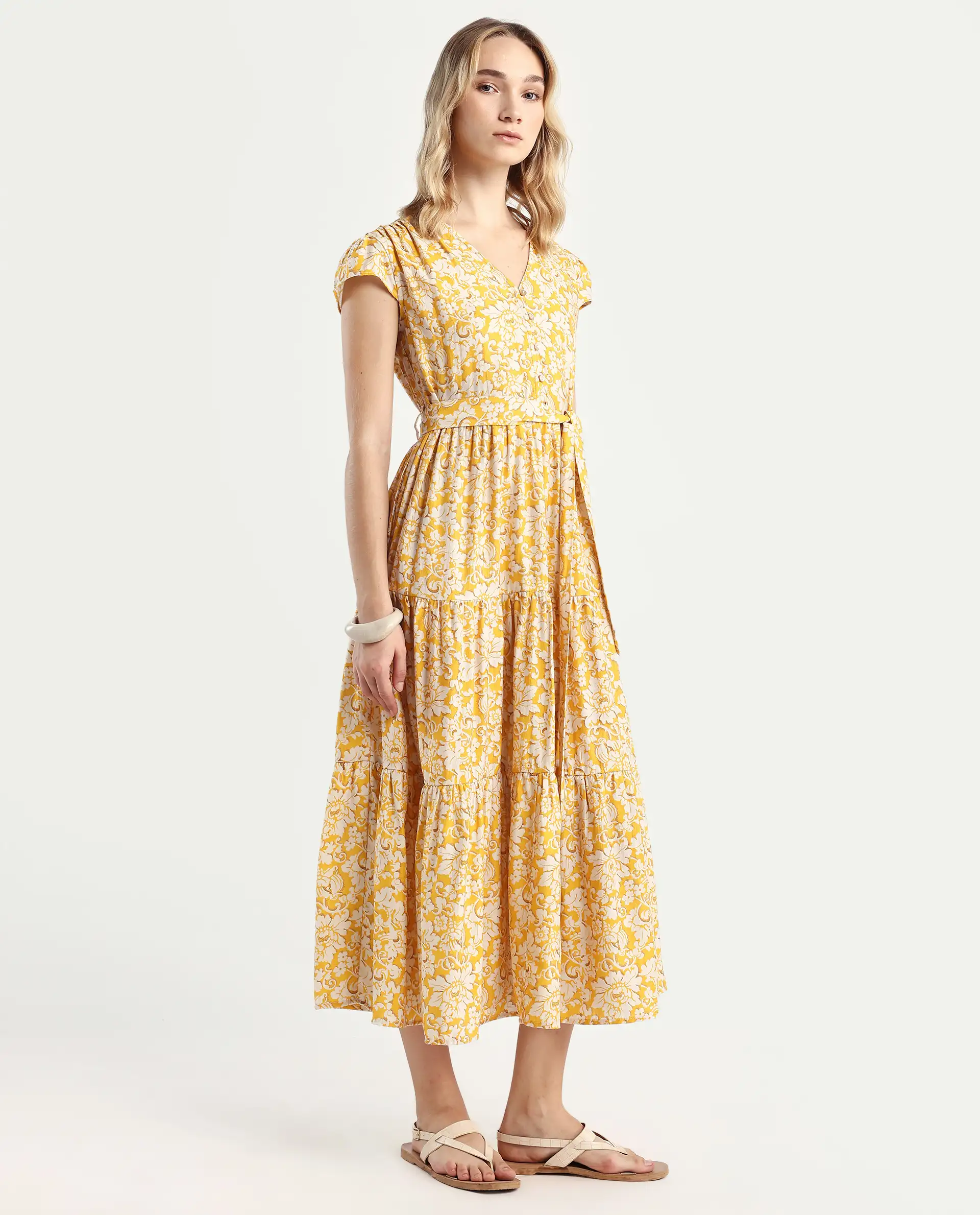 Rareism Women's Tenna Yellow Viscose Blend V-Neck Floral Print Cap Sleeve Midi Fit And Flare Dress - Image 6