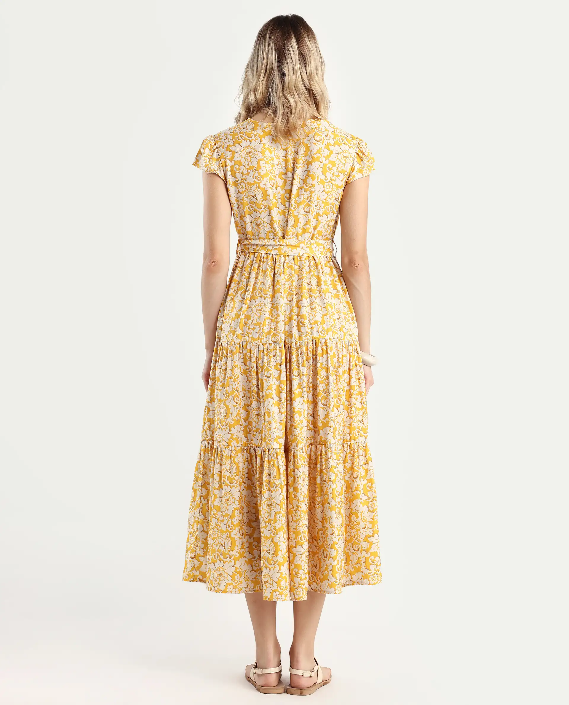 Rareism Women's Tenna Yellow Viscose Blend V-Neck Floral Print Cap Sleeve Midi Fit And Flare Dress - Image 7