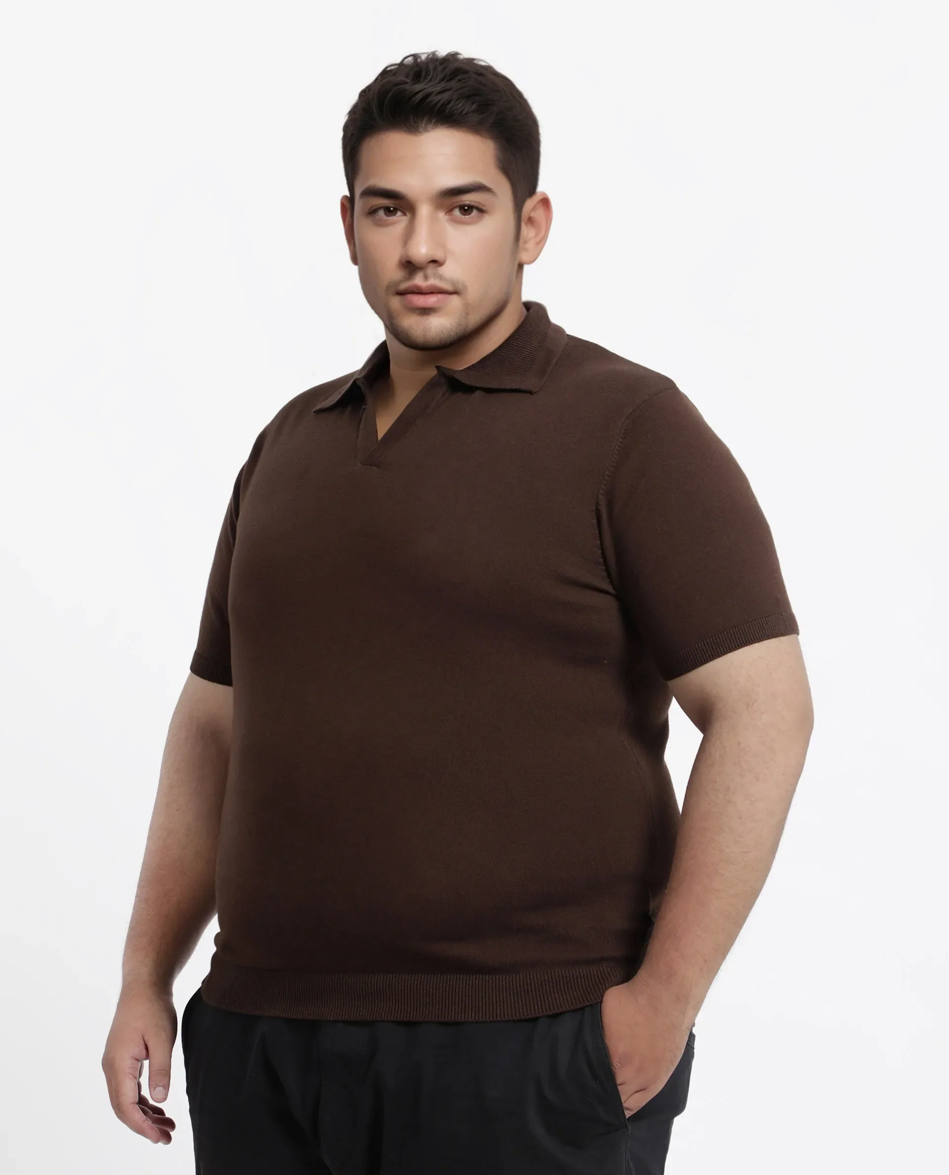 Rare Rabbit Men's Teny-L Dark Brown Cotton Blend Plain Plus Size Half Sleeve Polo - Image 4