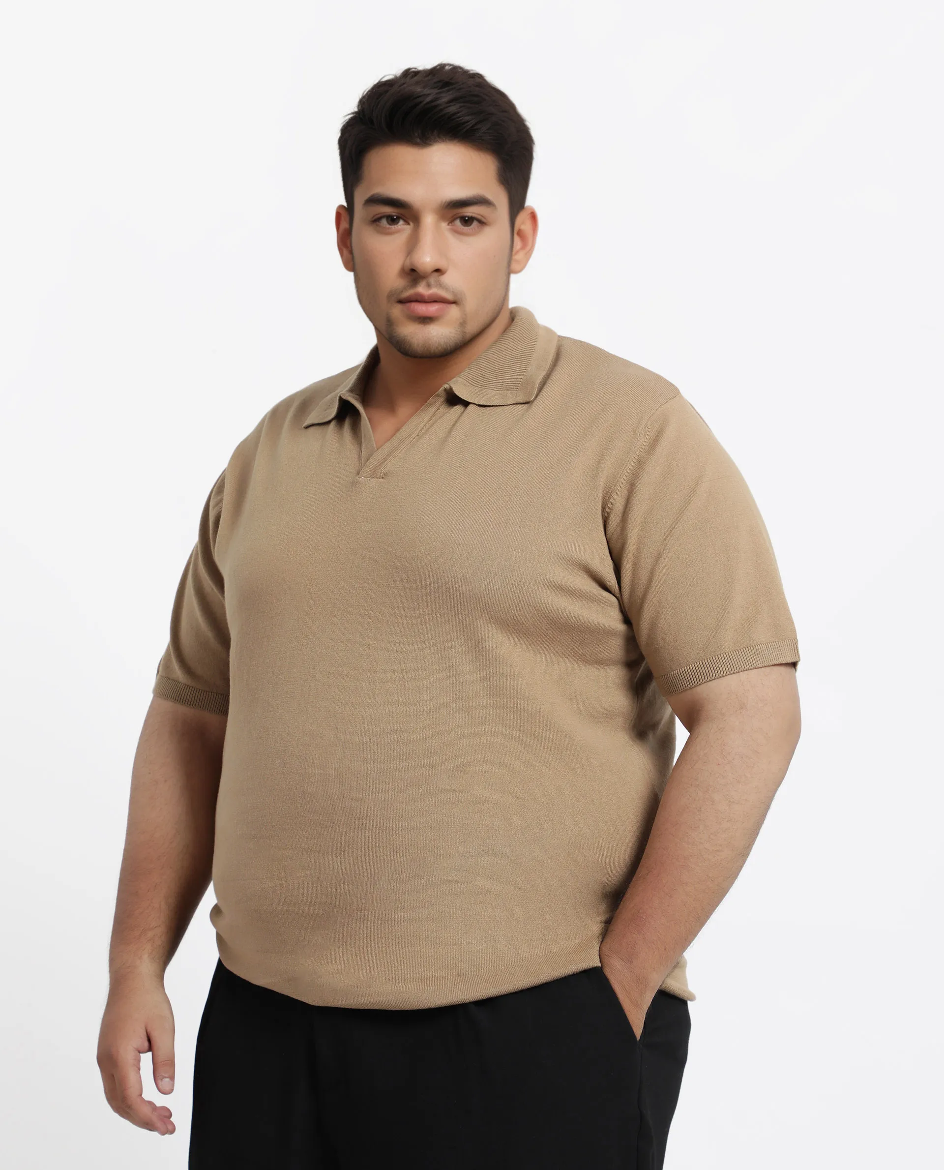 Rare Rabbit Men's Teny-L Khaki Cotton Blend Plain Plus Size Half Sleeve Polo - Image 4