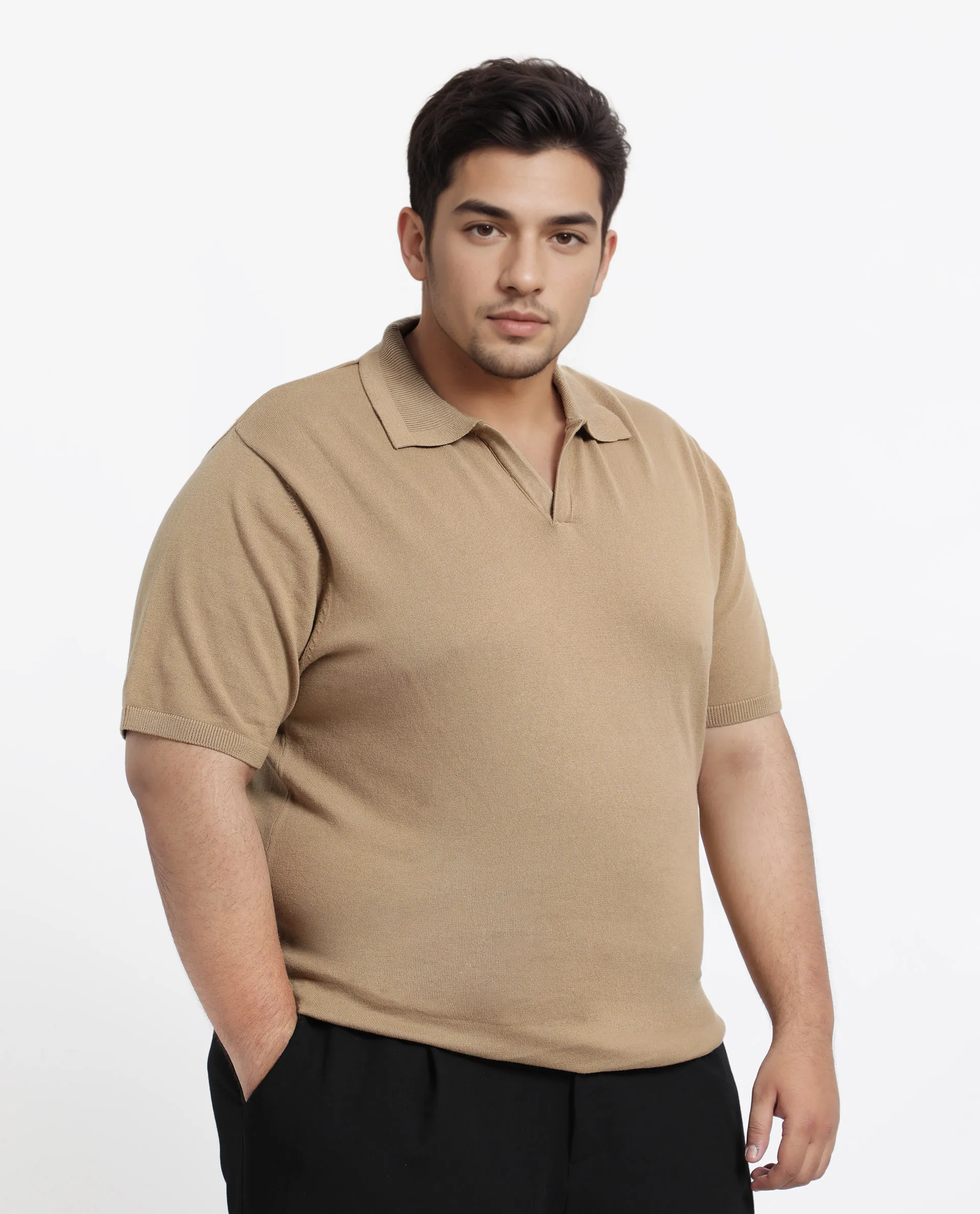 Rare Rabbit Men's Teny-L Khaki Cotton Blend Plain Plus Size Half Sleeve Polo - Image 5