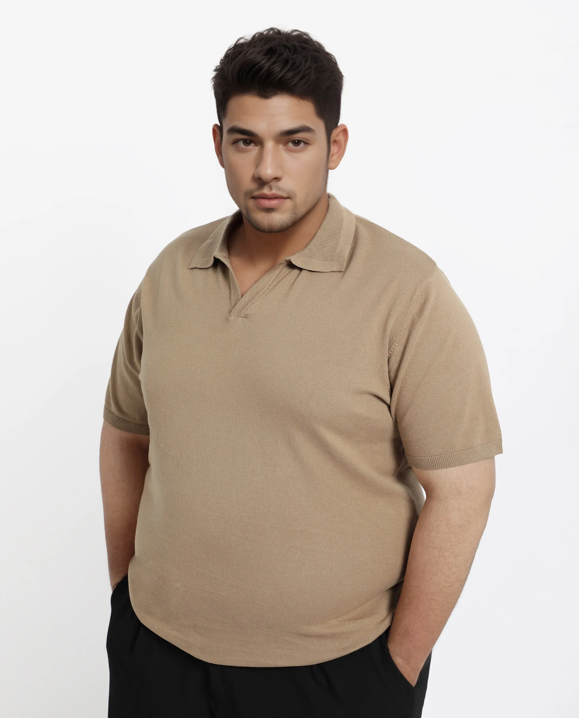 Rare Rabbit Men's Teny-L Khaki Cotton Blend Plain Plus Size Half Sleeve Polo - Image 7