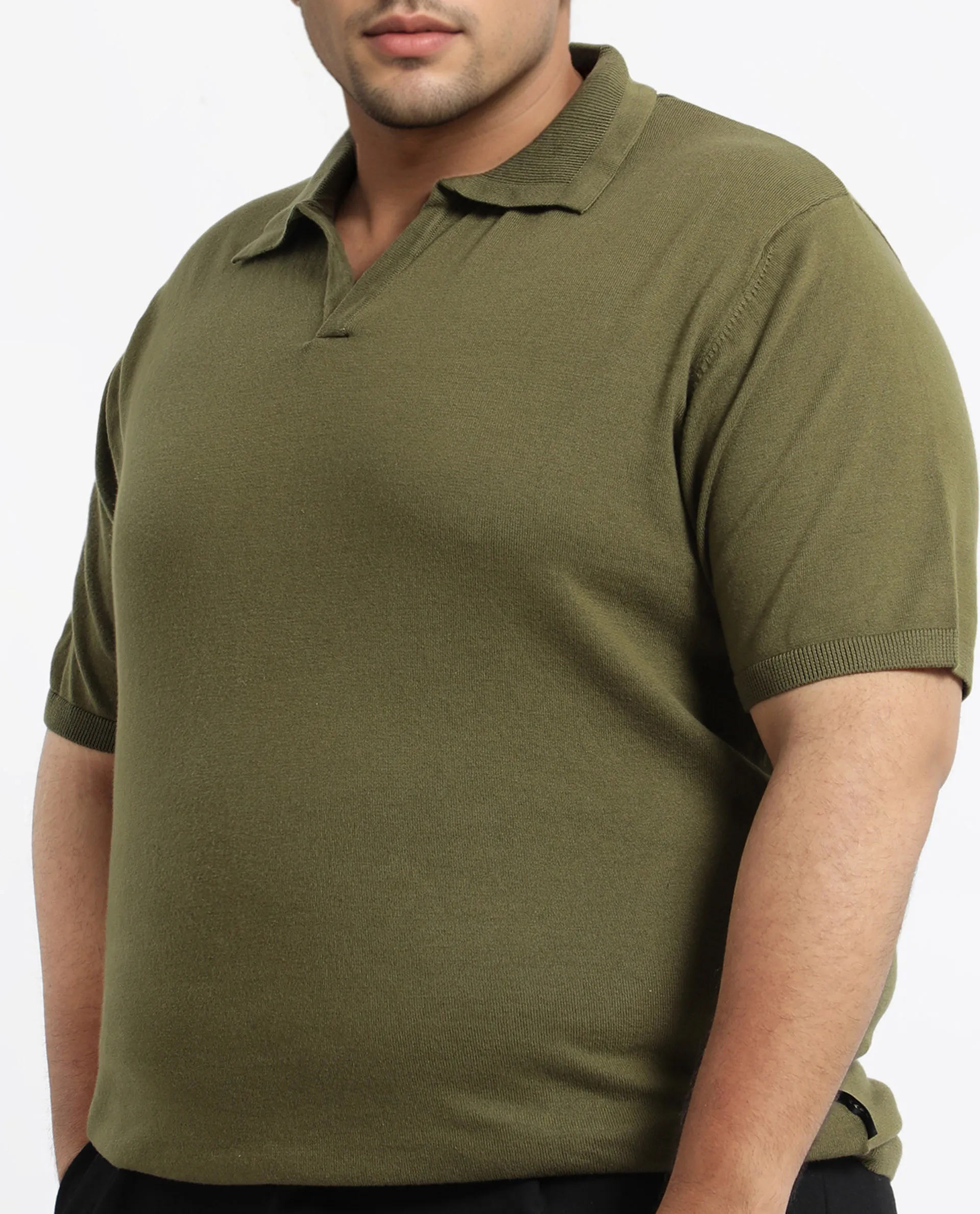 Rare Rabbit Men's Teny-L Olive Cotton Blend Plain Plus Size Half Sleeve Polo - Image 3