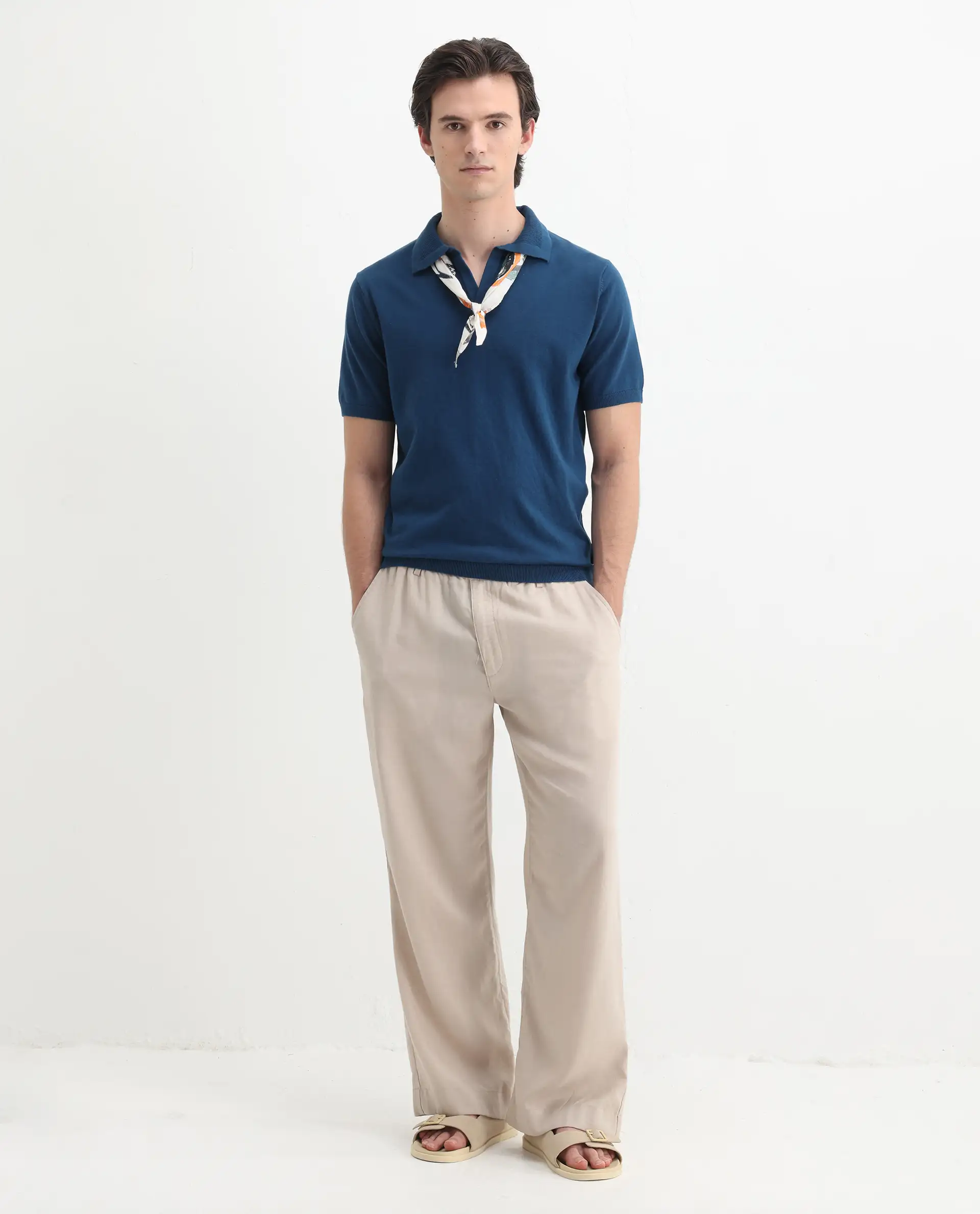 Rare Rabbit Men's Teny Dark Blue Cotton Blend Plain Regular Fit Half Sleeve Polo - Image 2