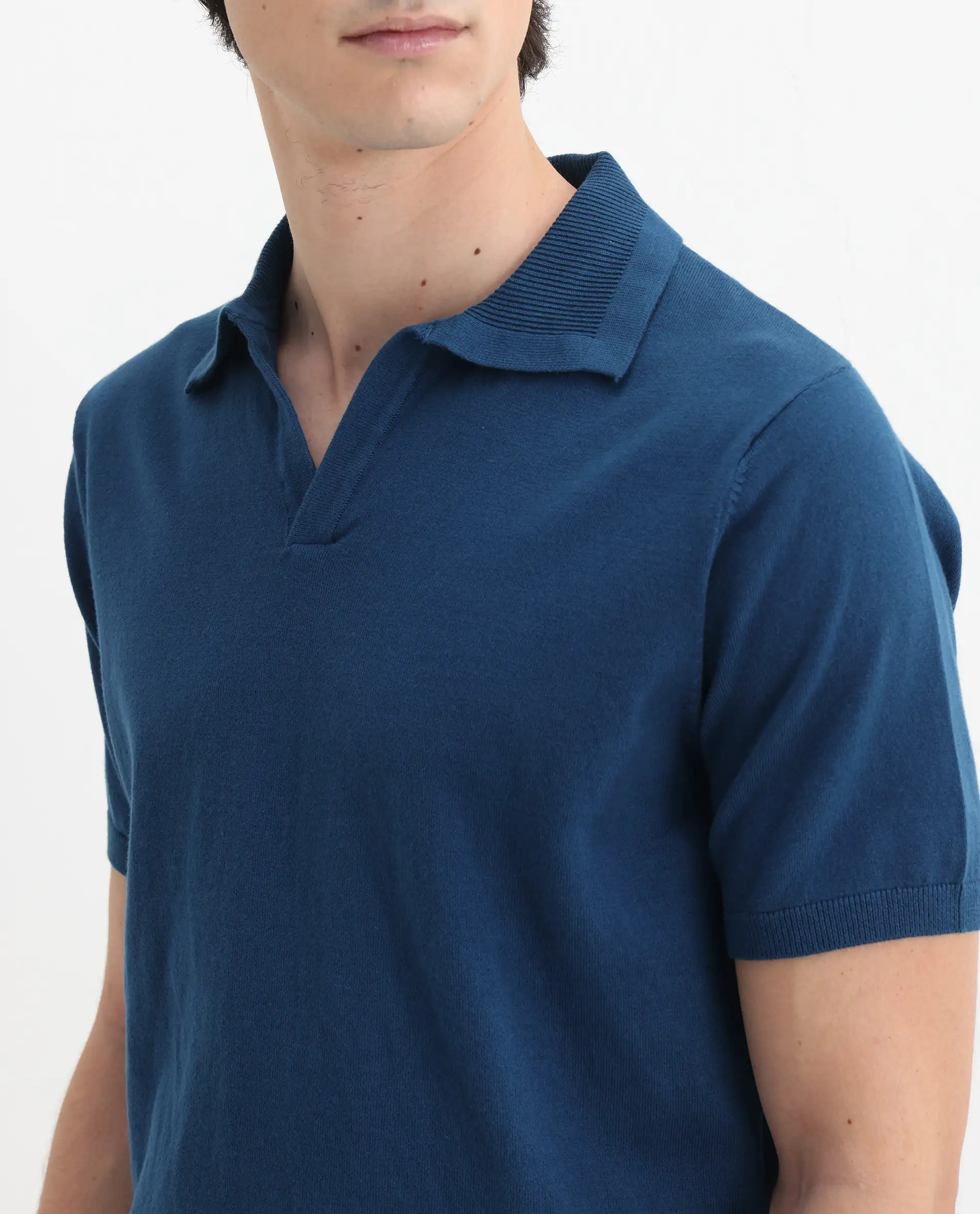 Rare Rabbit Men's Teny Dark Blue Cotton Blend Plain Regular Fit Half Sleeve Polo - Image 3