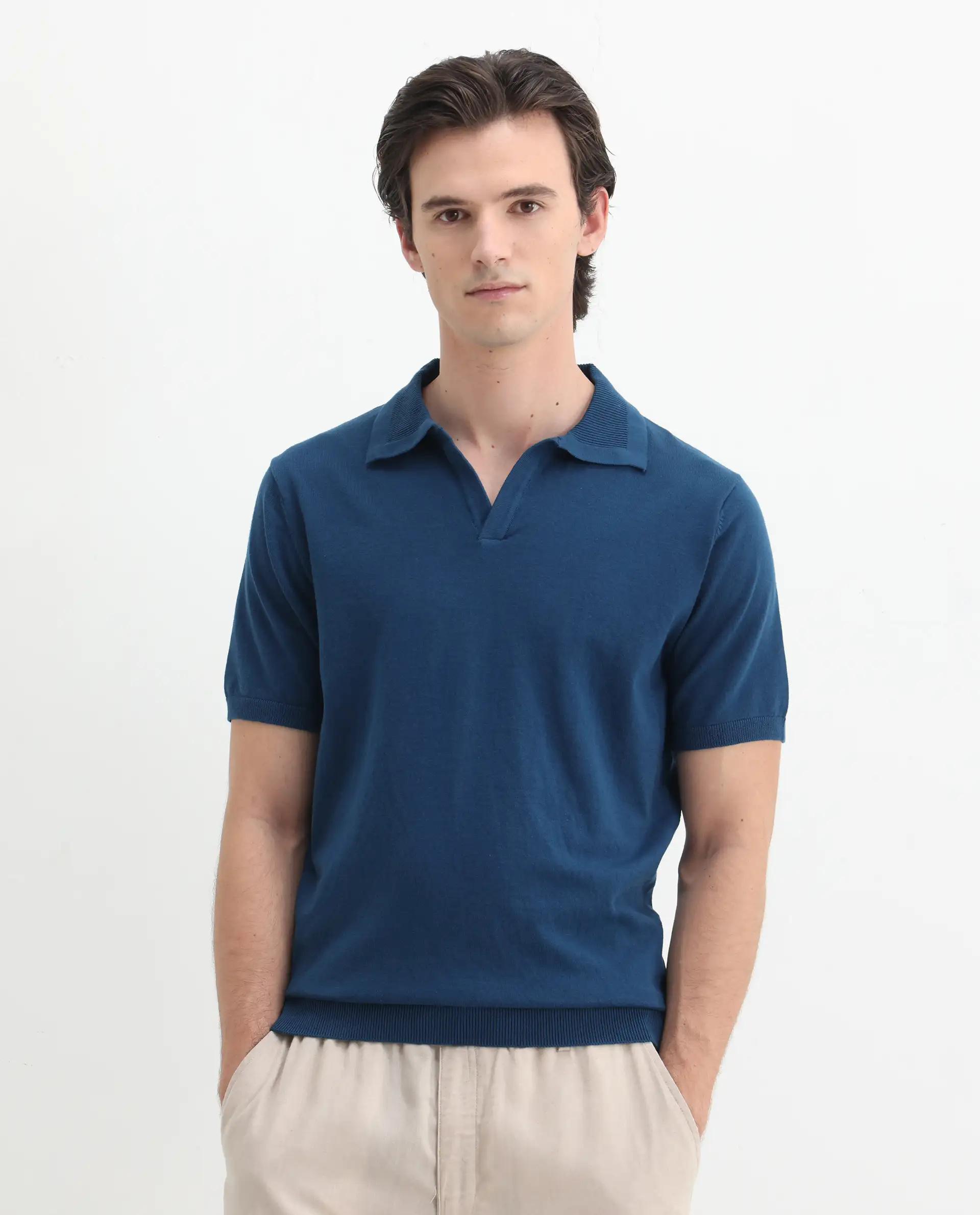 Rare Rabbit Men's Teny Dark Blue Cotton Blend Plain Regular Fit Half Sleeve Polo - Image 4