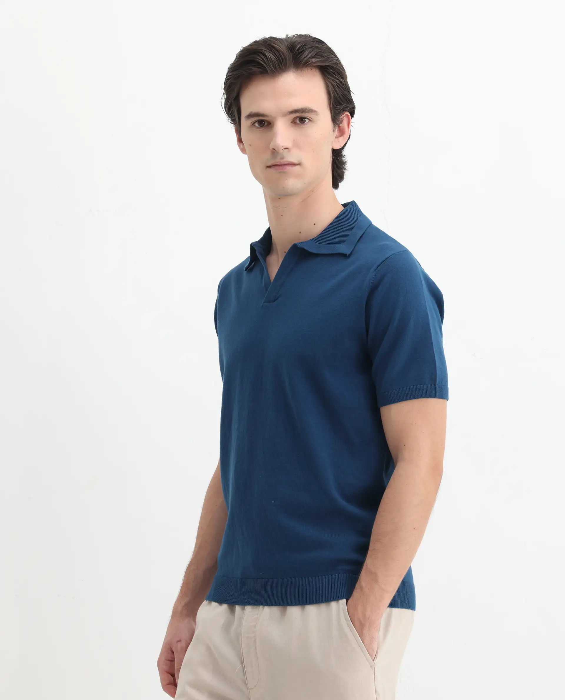 Rare Rabbit Men's Teny Dark Blue Cotton Blend Plain Regular Fit Half Sleeve Polo - Image 5