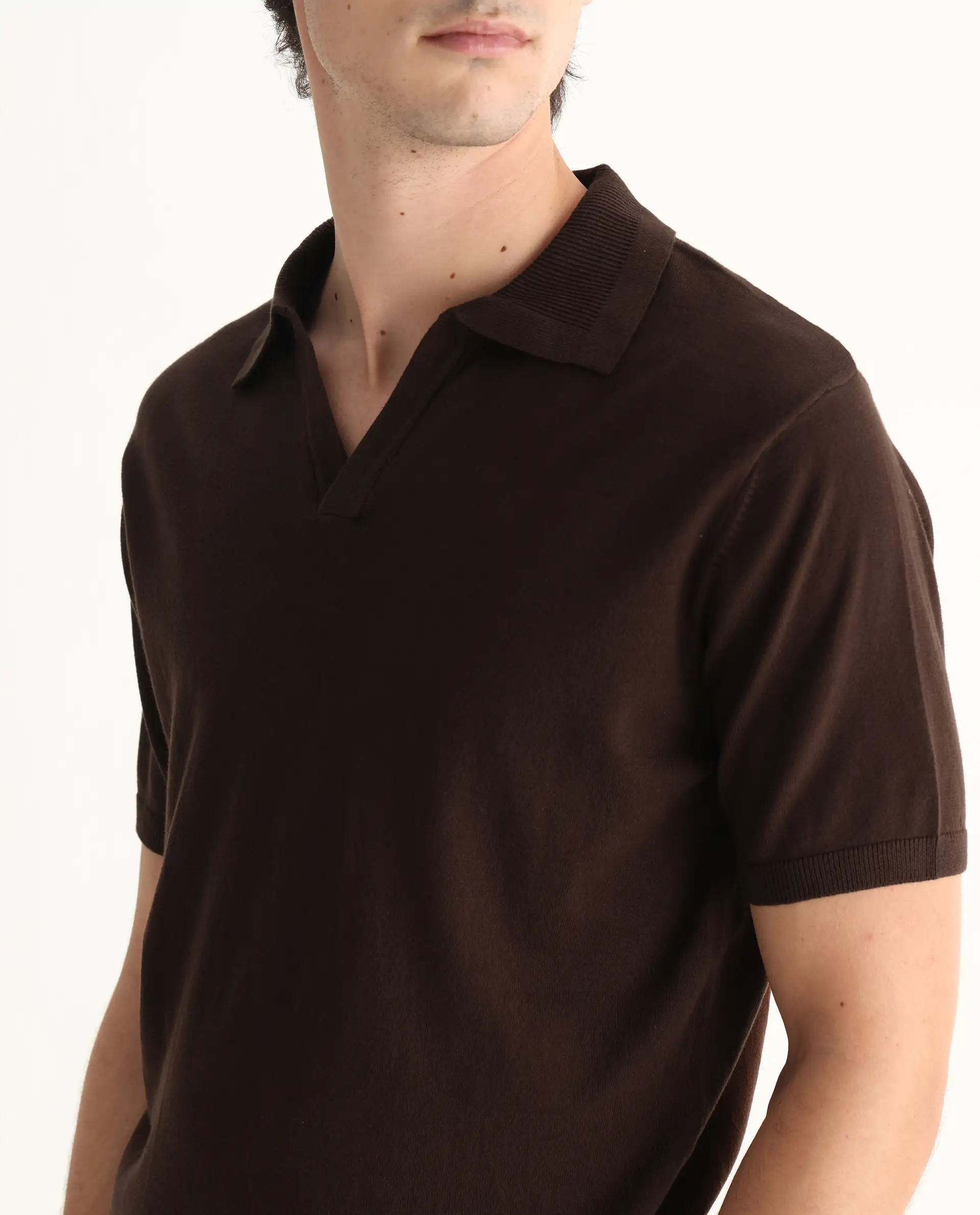 Rare Rabbit Men's Teny Dark Brown Cotton Blend Plain Regular Fit Half Sleeve Polo - Image 3