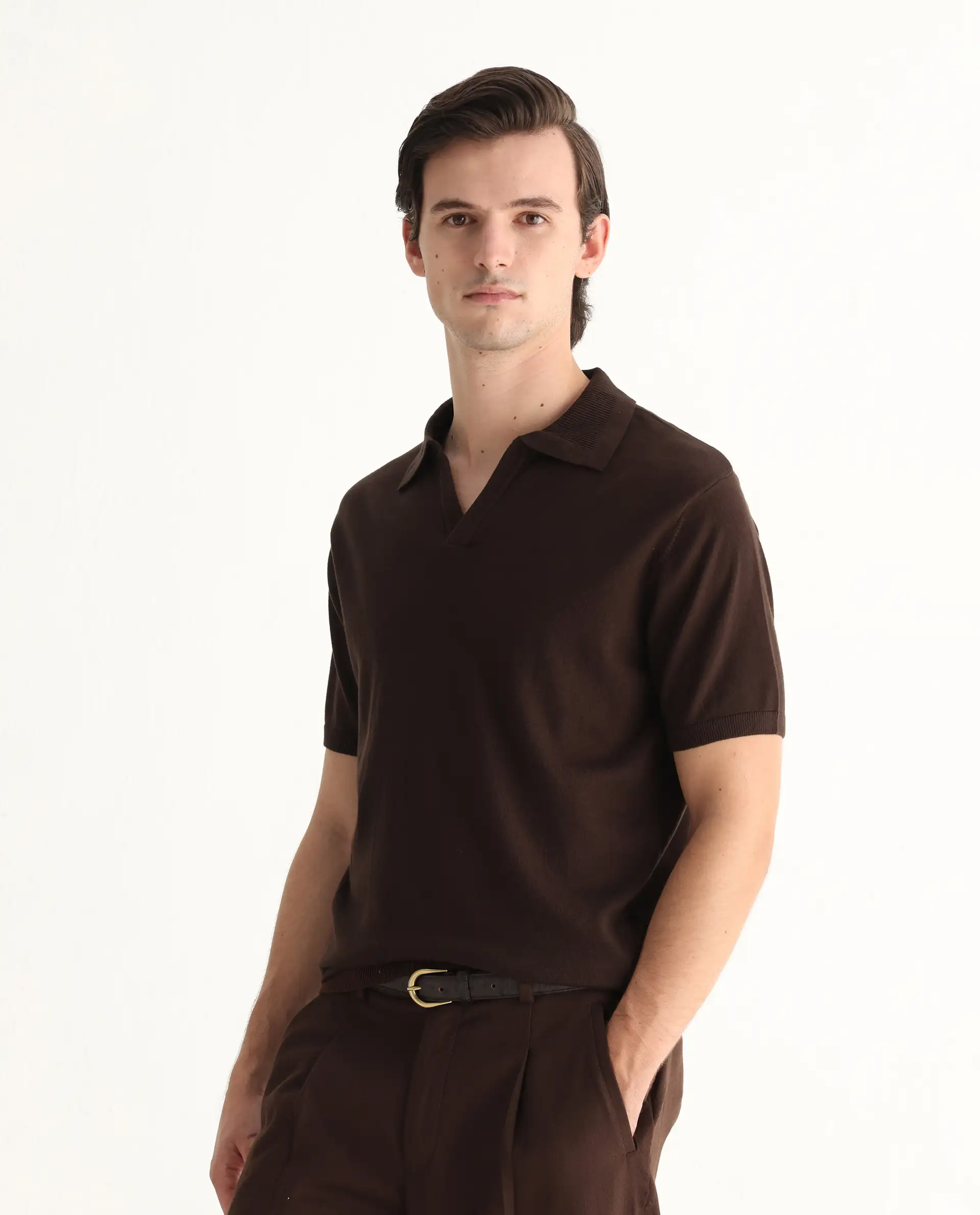 Rare Rabbit Men's Teny Dark Brown Cotton Blend Plain Regular Fit Half Sleeve Polo - Image 4
