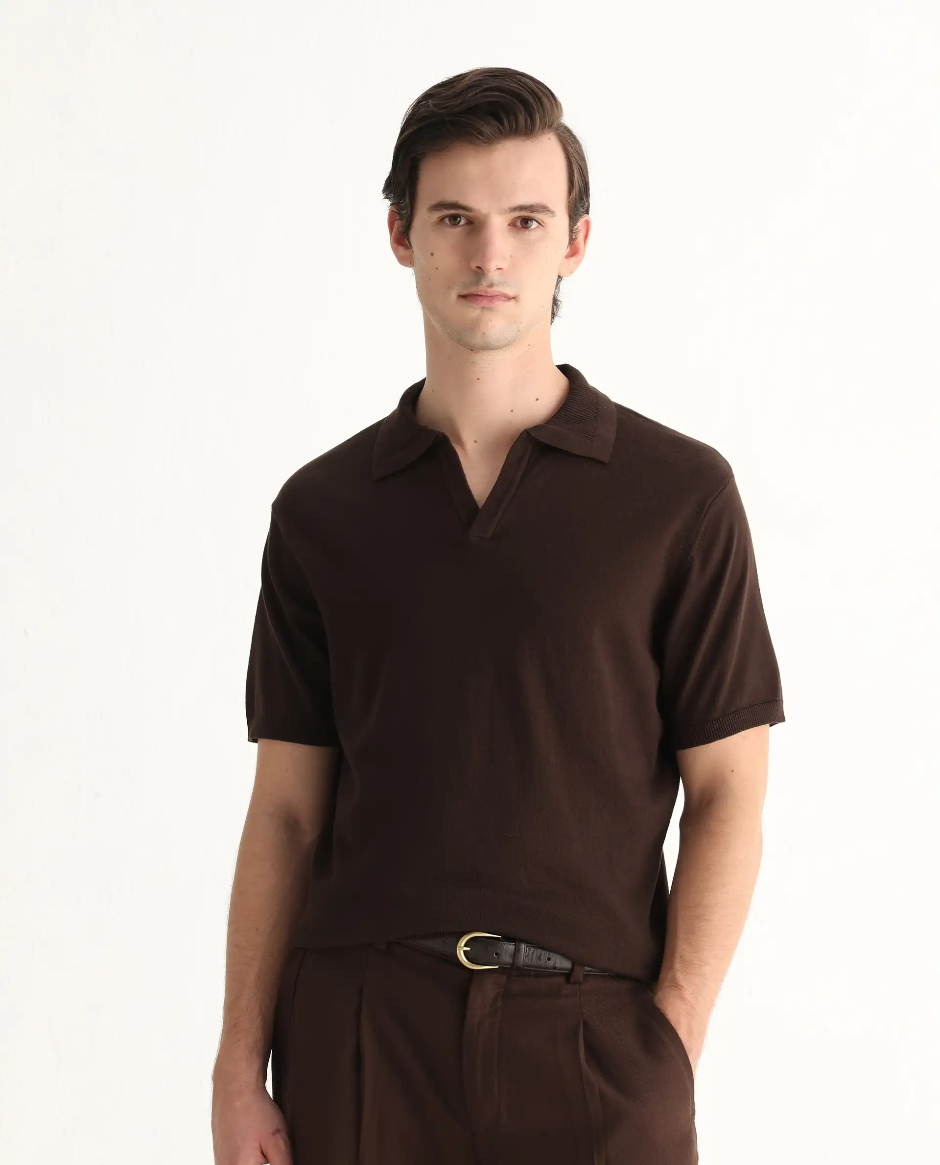 Rare Rabbit Men's Teny Dark Brown Cotton Blend Plain Regular Fit Half Sleeve Polo - Image 6