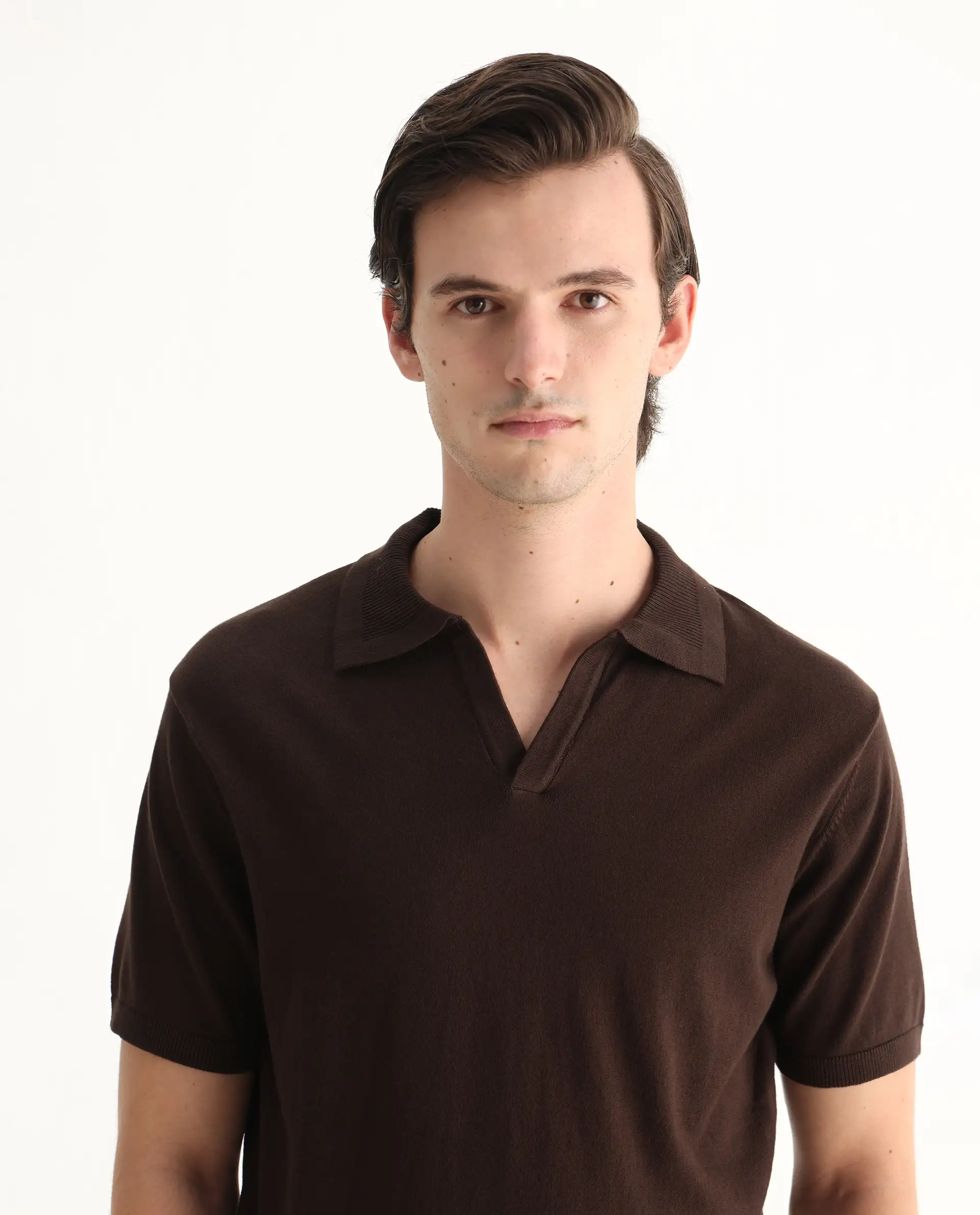 Rare Rabbit Men's Teny Dark Brown Cotton Blend Plain Regular Fit Half Sleeve Polo - Image 7