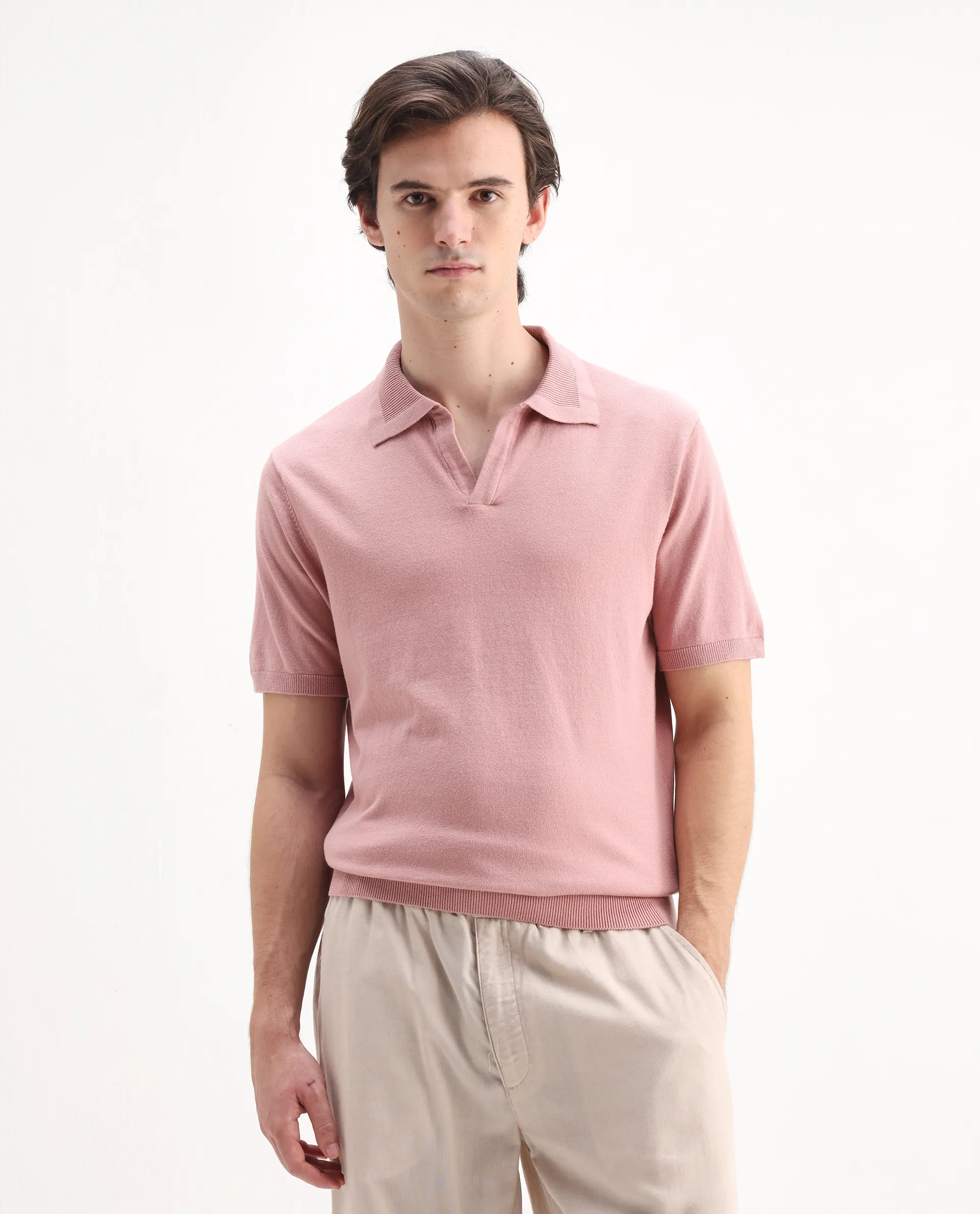 Rare Rabbit Men's Teny Dusky Pink Cotton Blend Plain Regular Fit Half Sleeve Polo - Image 4
