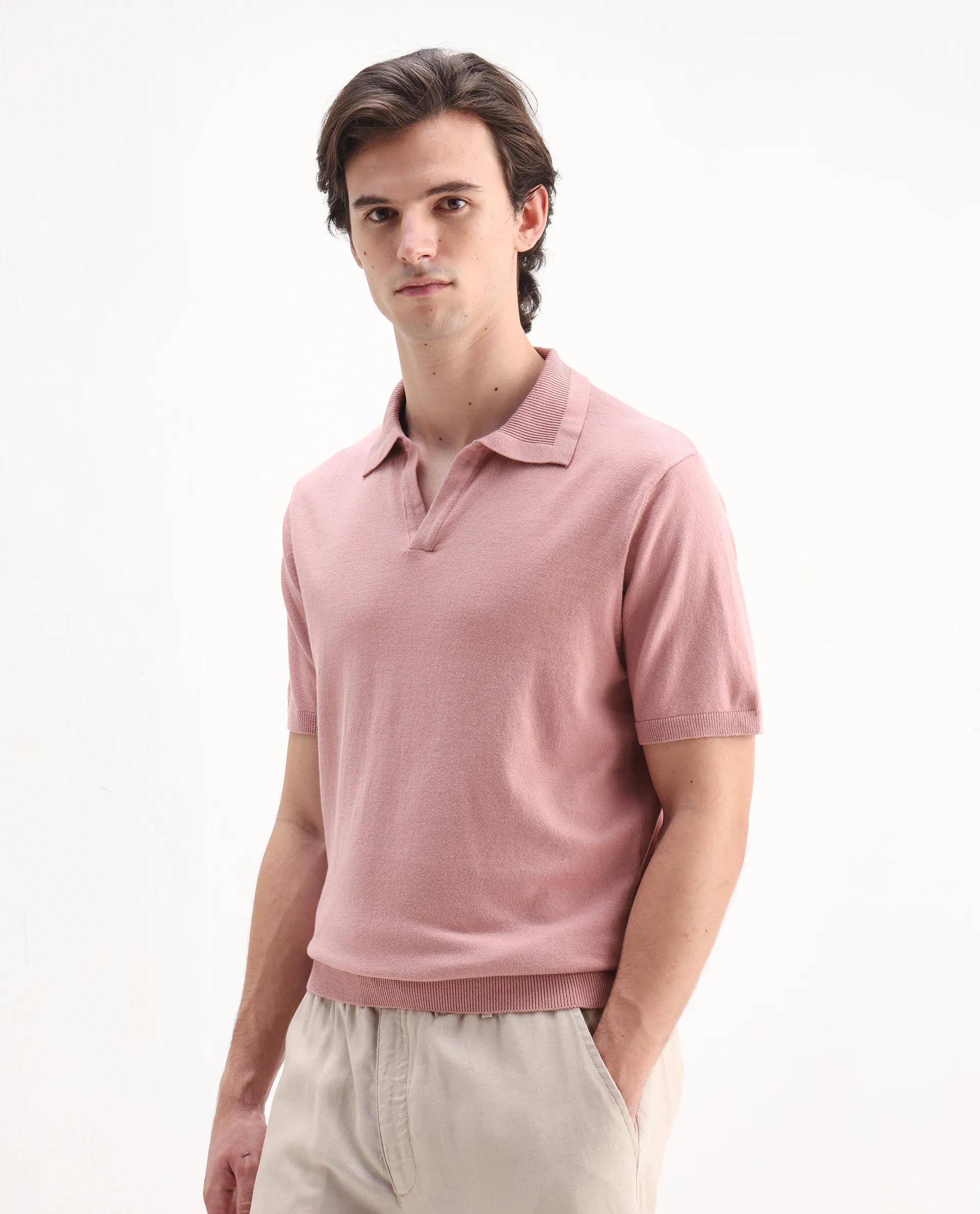 Rare Rabbit Men's Teny Dusky Pink Cotton Blend Plain Regular Fit Half Sleeve Polo - Image 5