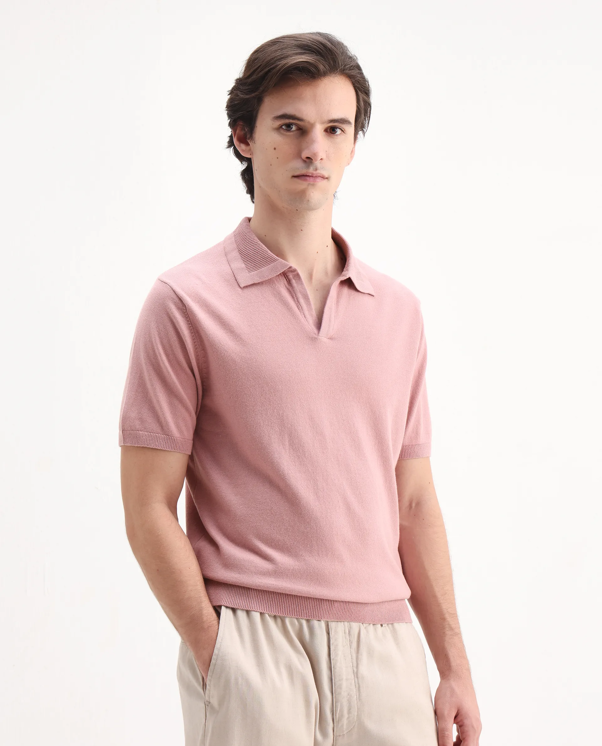Rare Rabbit Men's Teny Dusky Pink Cotton Blend Plain Regular Fit Half Sleeve Polo - Image 6