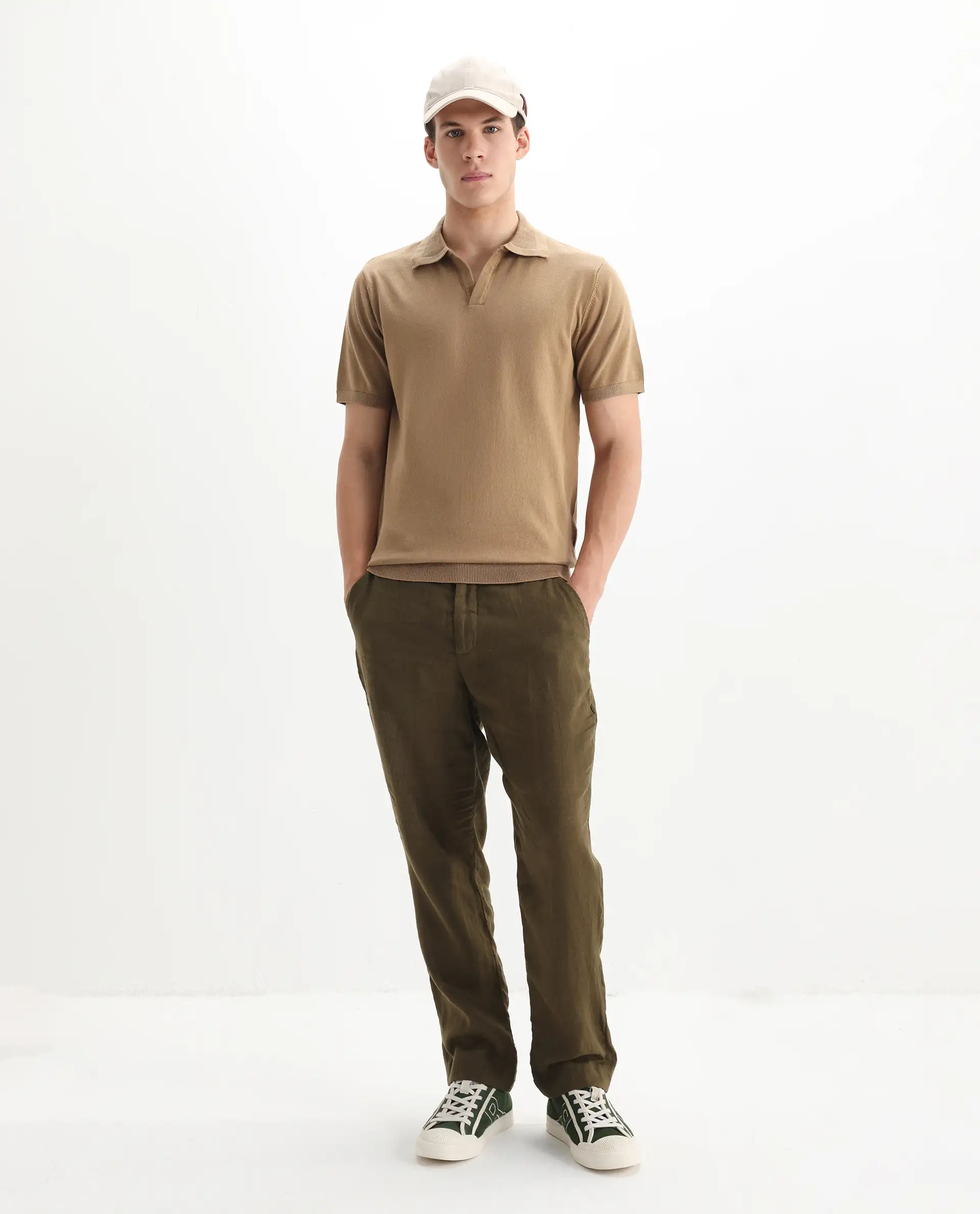 Rare Rabbit Men's Teny Khaki Cotton Blend Plain Regular Fit Half Sleeve Polo - Image 2