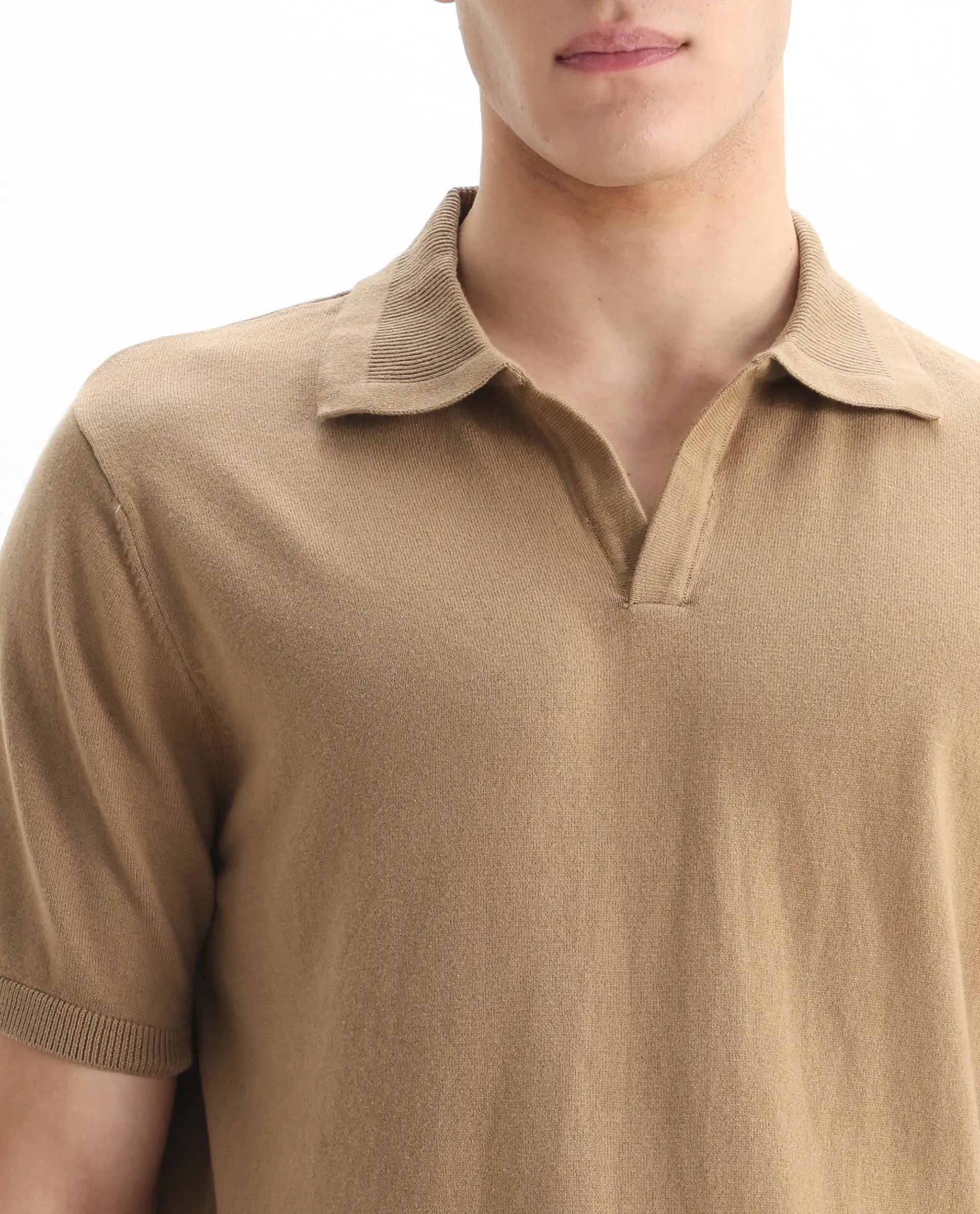 Rare Rabbit Men's Teny Khaki Cotton Blend Plain Regular Fit Half Sleeve Polo - Image 3