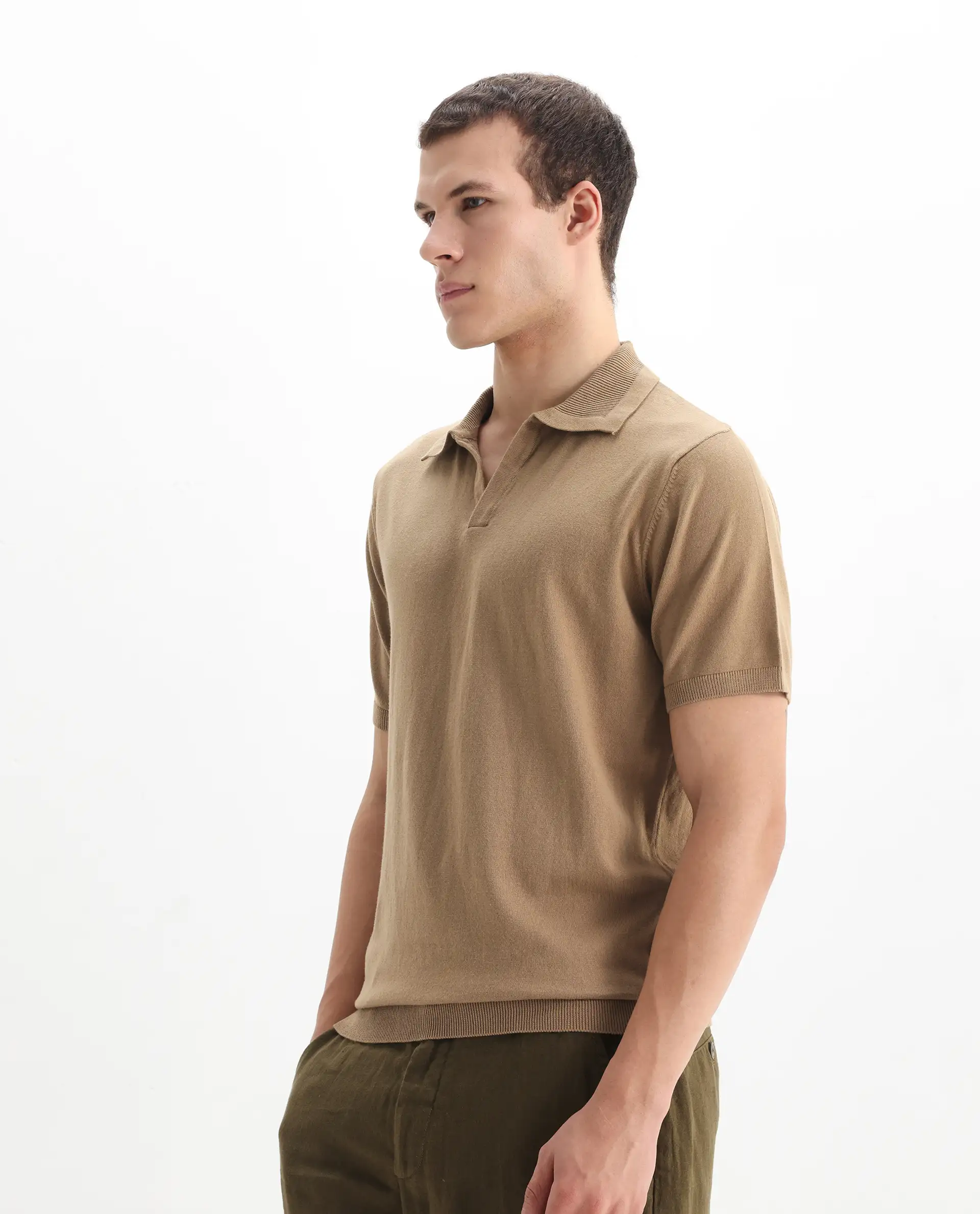 Rare Rabbit Men's Teny Khaki Cotton Blend Plain Regular Fit Half Sleeve Polo - Image 4