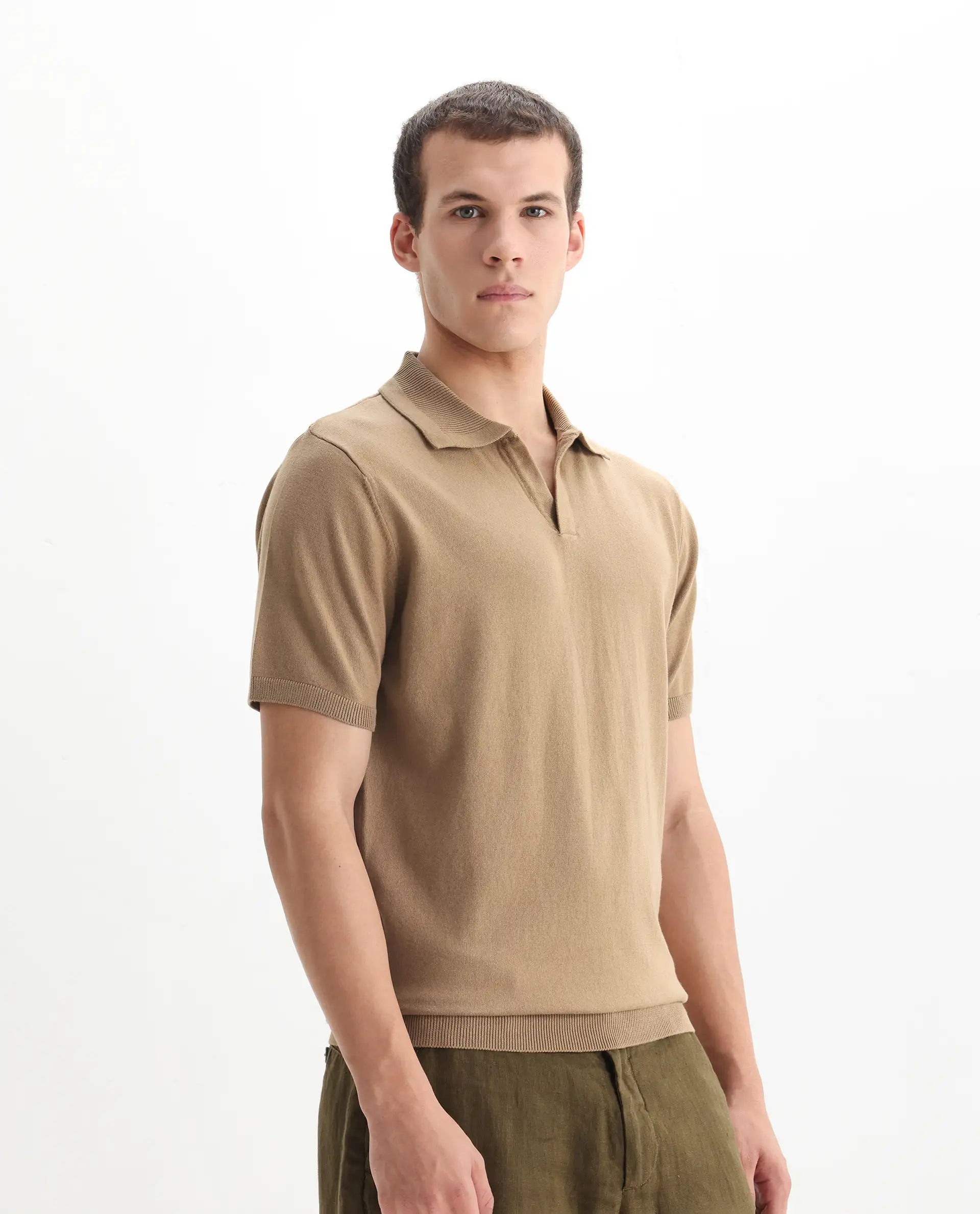 Rare Rabbit Men's Teny Khaki Cotton Blend Plain Regular Fit Half Sleeve Polo - Image 5