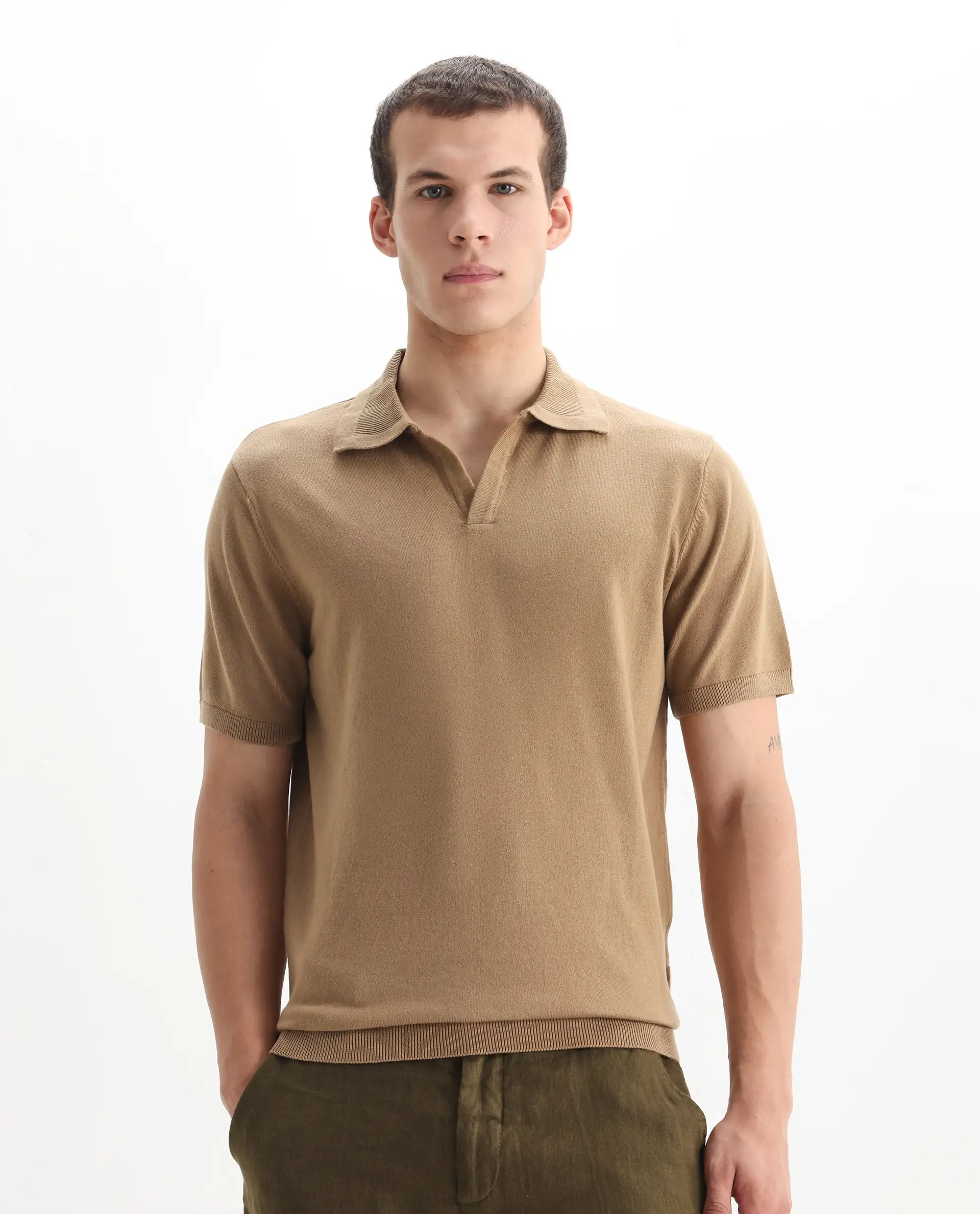 Rare Rabbit Men's Teny Khaki Cotton Blend Plain Regular Fit Half Sleeve Polo - Image 7