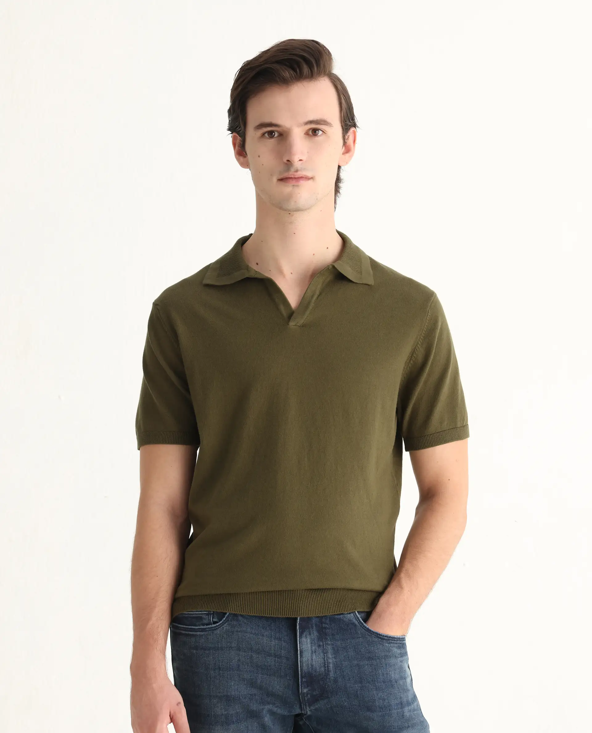 Rare Rabbit Men's Teny Olive Cotton Blend Plain Regular Fit Half Sleeve Polo - Image 4